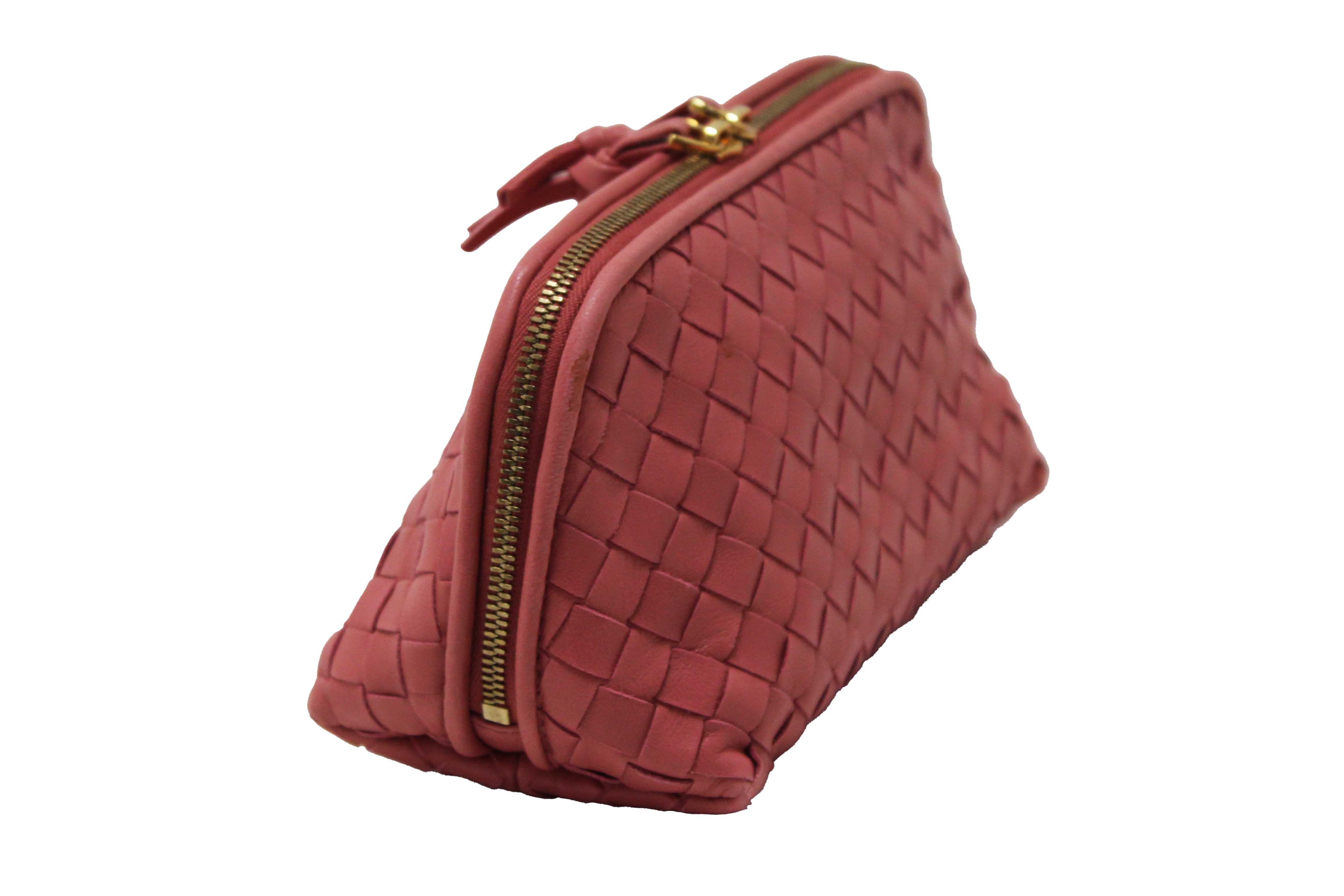 Authentic Bottega Veneta Dusty Pink Intreciciato Leather Cosmetic Pouch