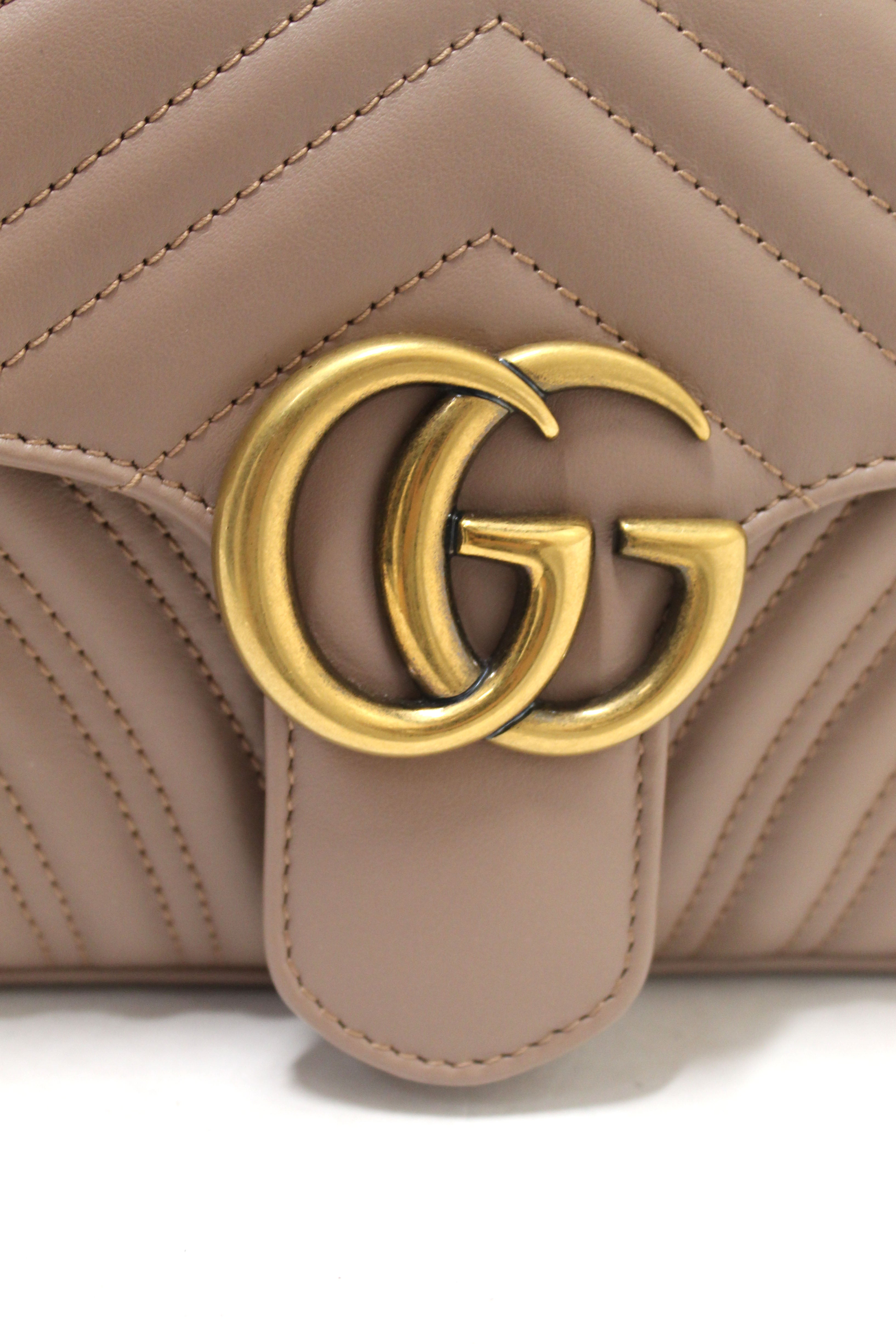 Authentic Gucci Porcelain Rose Marmont Matelassé Chevron Leather Shoulder Bag