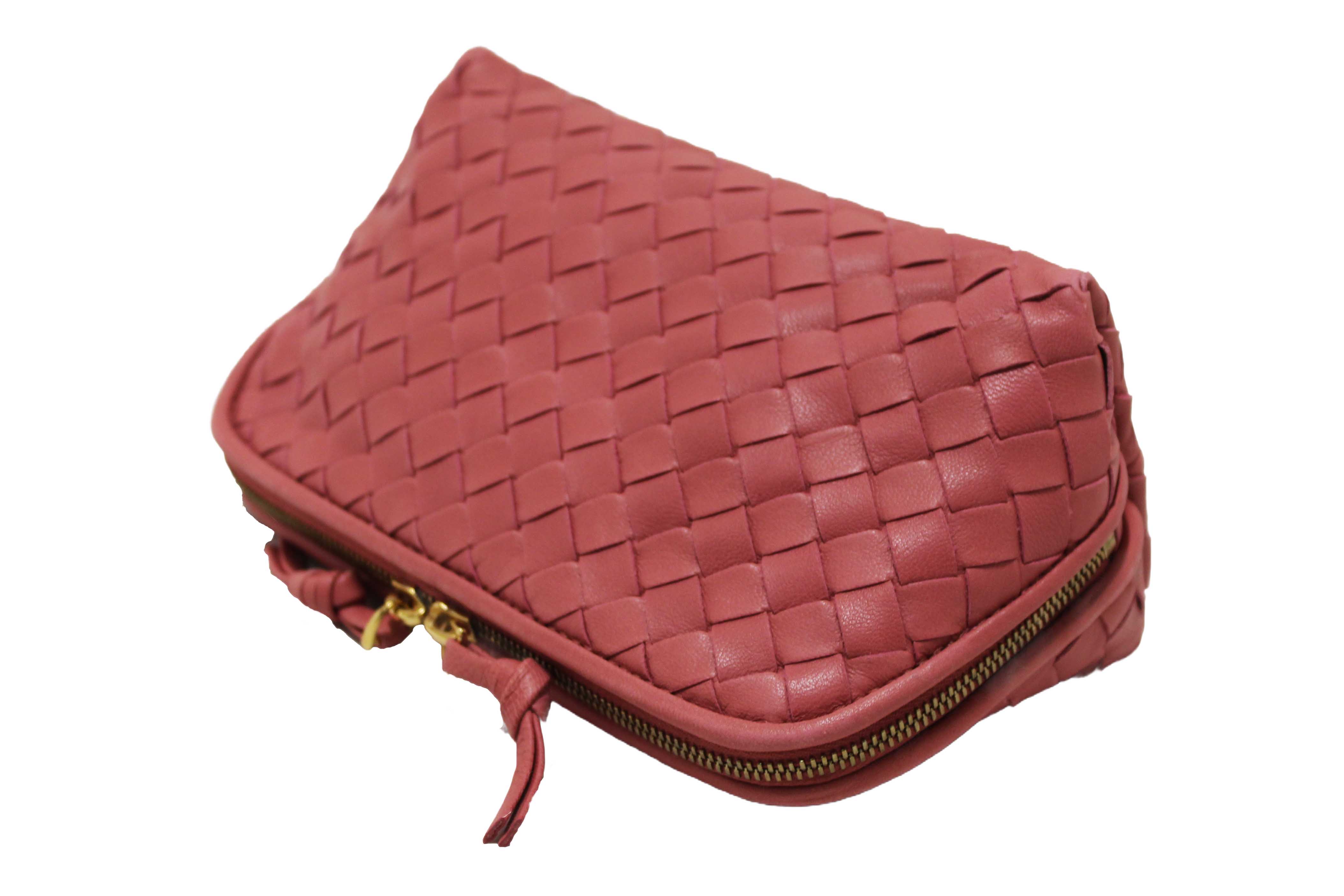 Authentic Bottega Veneta Dusty Pink Intreciciato Leather Cosmetic Pouch