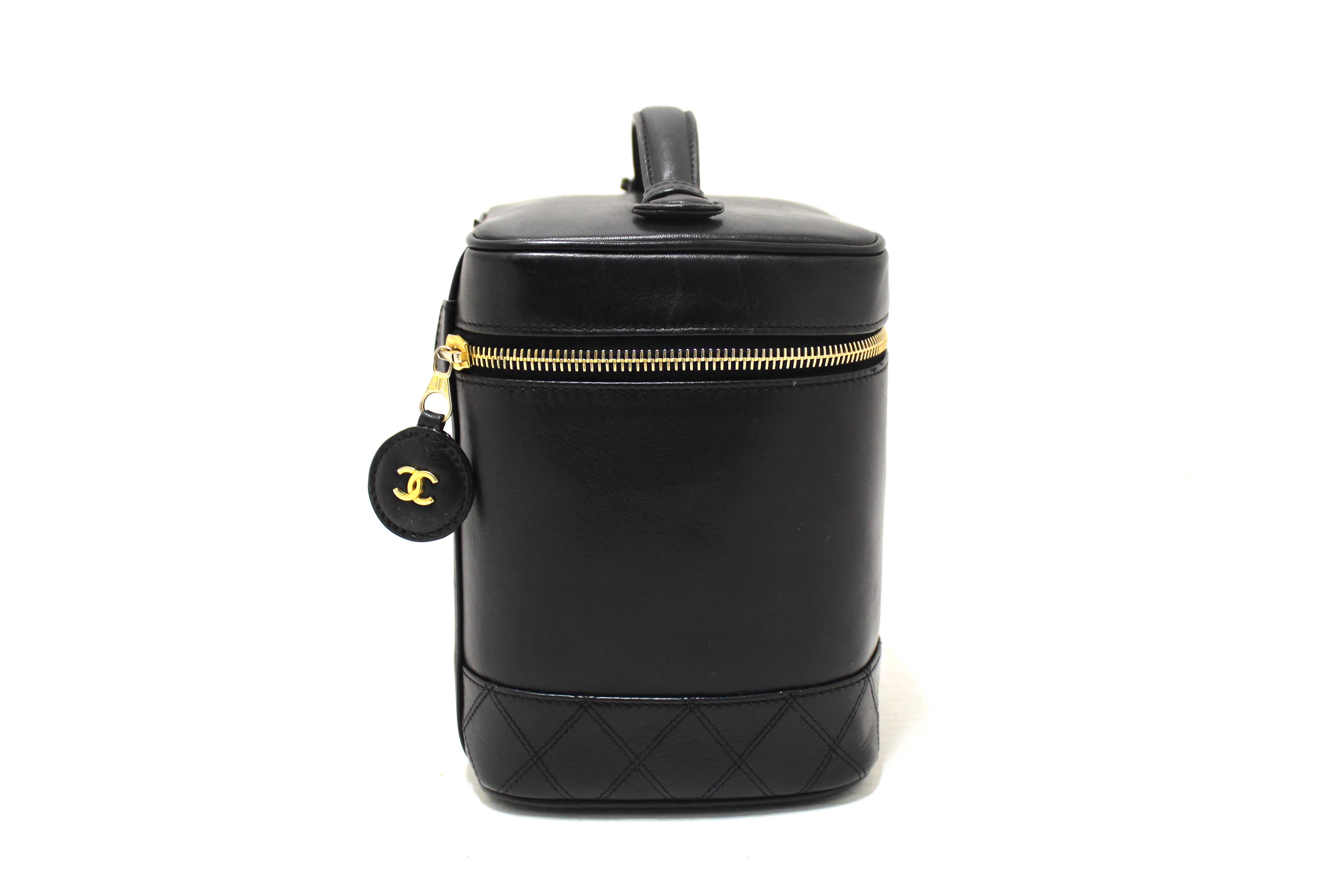 Authentic Chanel Vintage Black Lambskin Leather Vanity Cosmetic Case