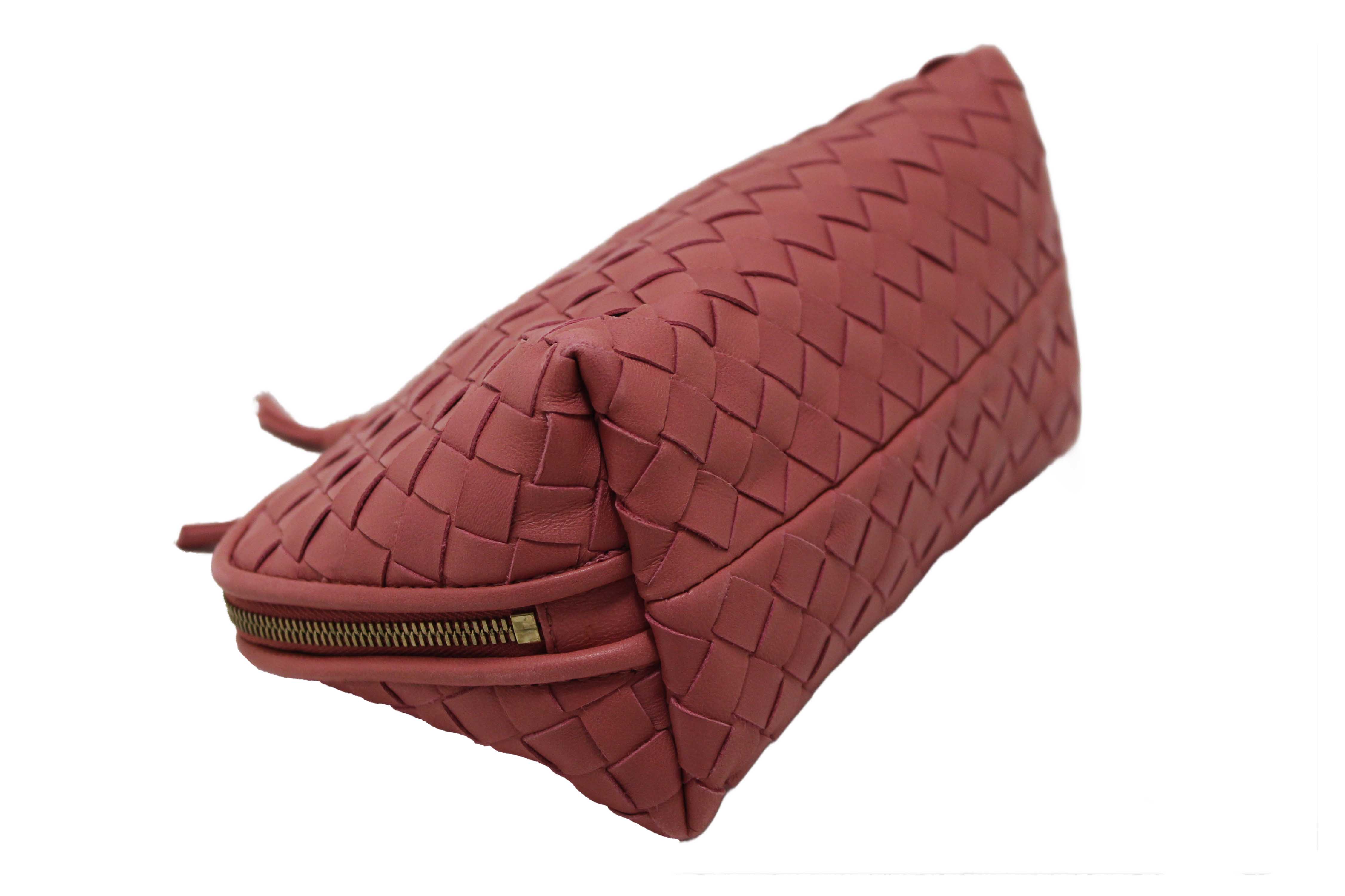 Authentic Bottega Veneta Dusty Pink Intreciciato Leather Cosmetic Pouch