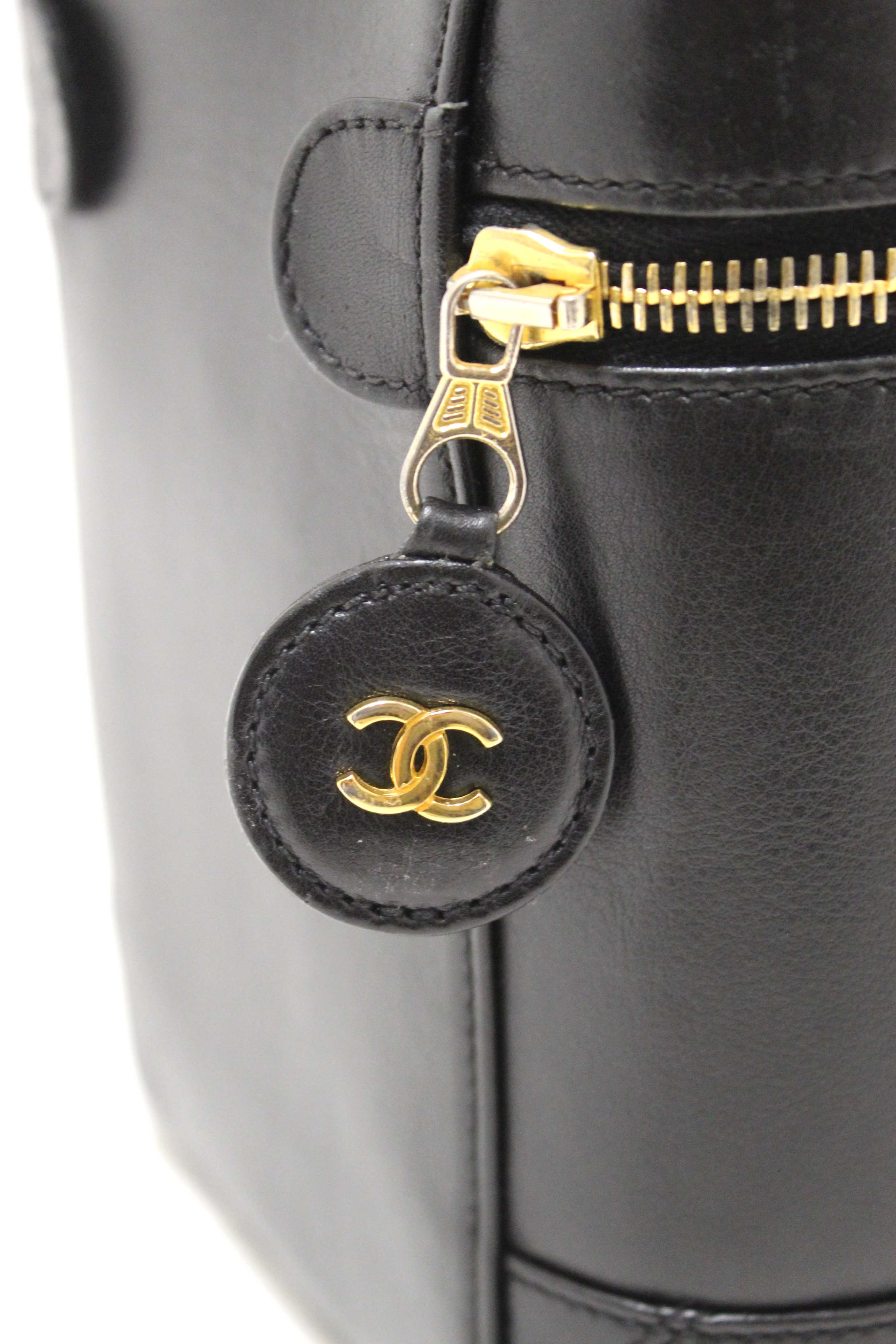 Authentic Chanel Vintage Black Lambskin Leather Vanity Cosmetic Case