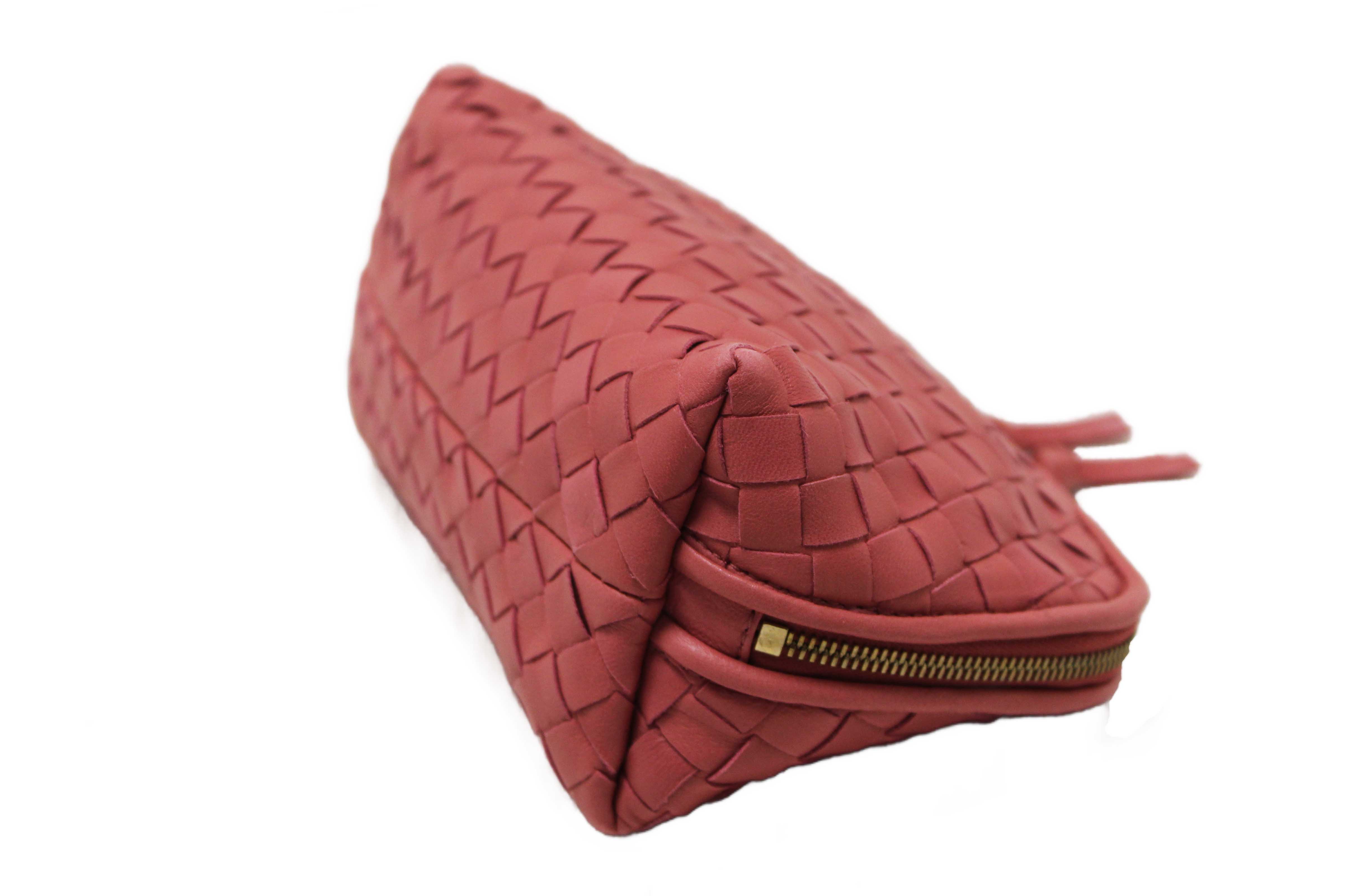 Authentic Bottega Veneta Dusty Pink Intreciciato Leather Cosmetic Pouch