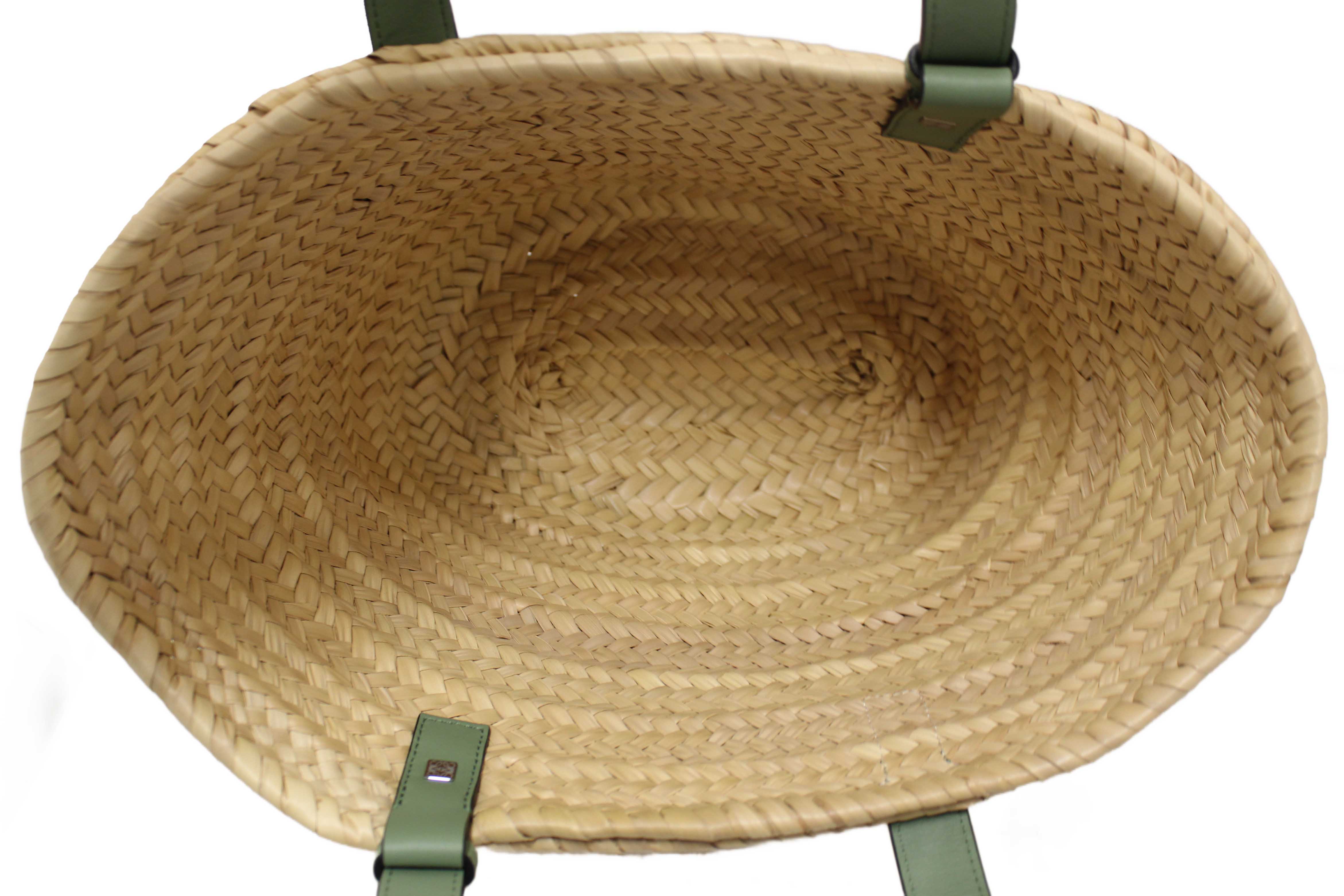 Authentic Loewe Palm Leaf and Green Calfskin Leather Basket Bag