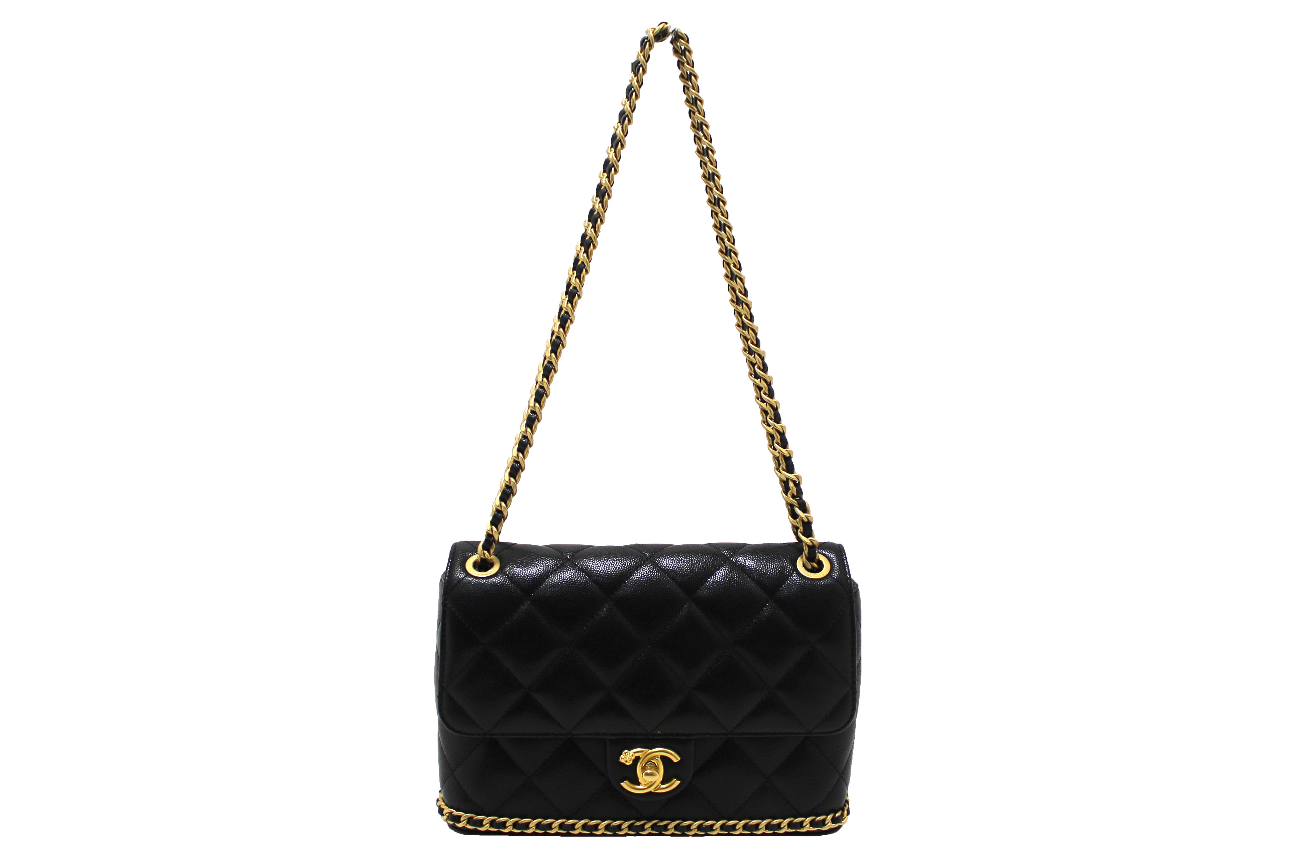 Authentic Chanel Black Quilted Caviar Leather Camellia Chain Around Flap Shoulder Bag