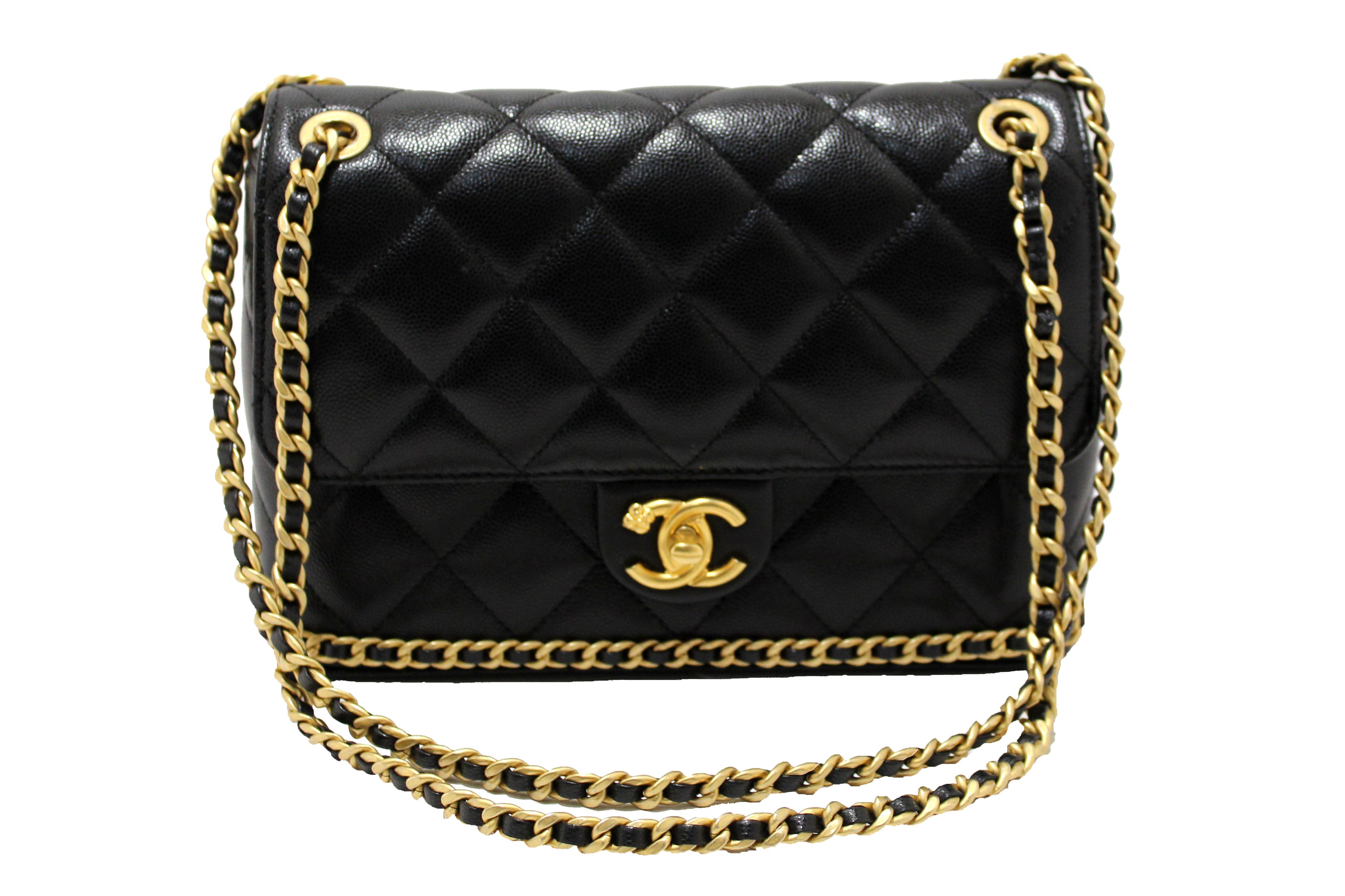 Authentic Chanel Black Quilted Caviar Leather Camellia Chain Around Flap Shoulder Bag