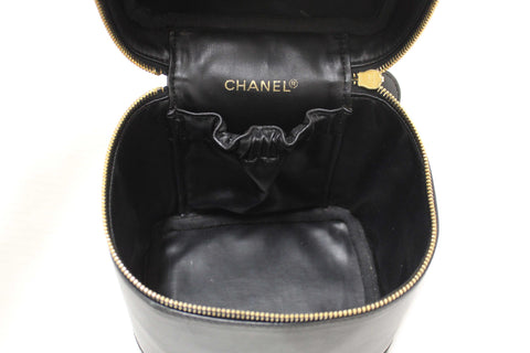 Authentic Chanel Vintage Black Lambskin Leather Vanity Cosmetic Case