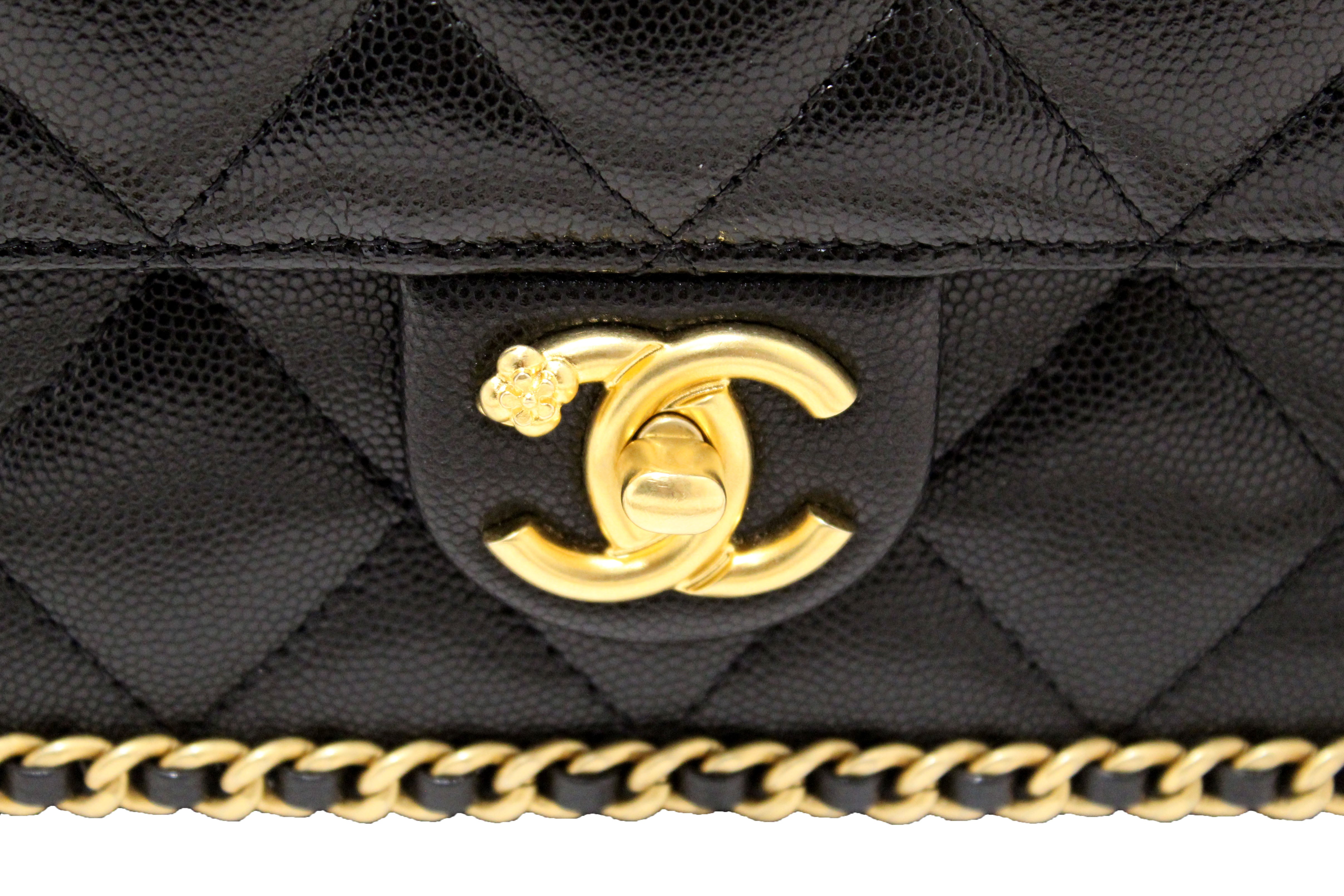 Authentic Chanel Black Quilted Caviar Leather Camellia Chain Around Flap Shoulder Bag