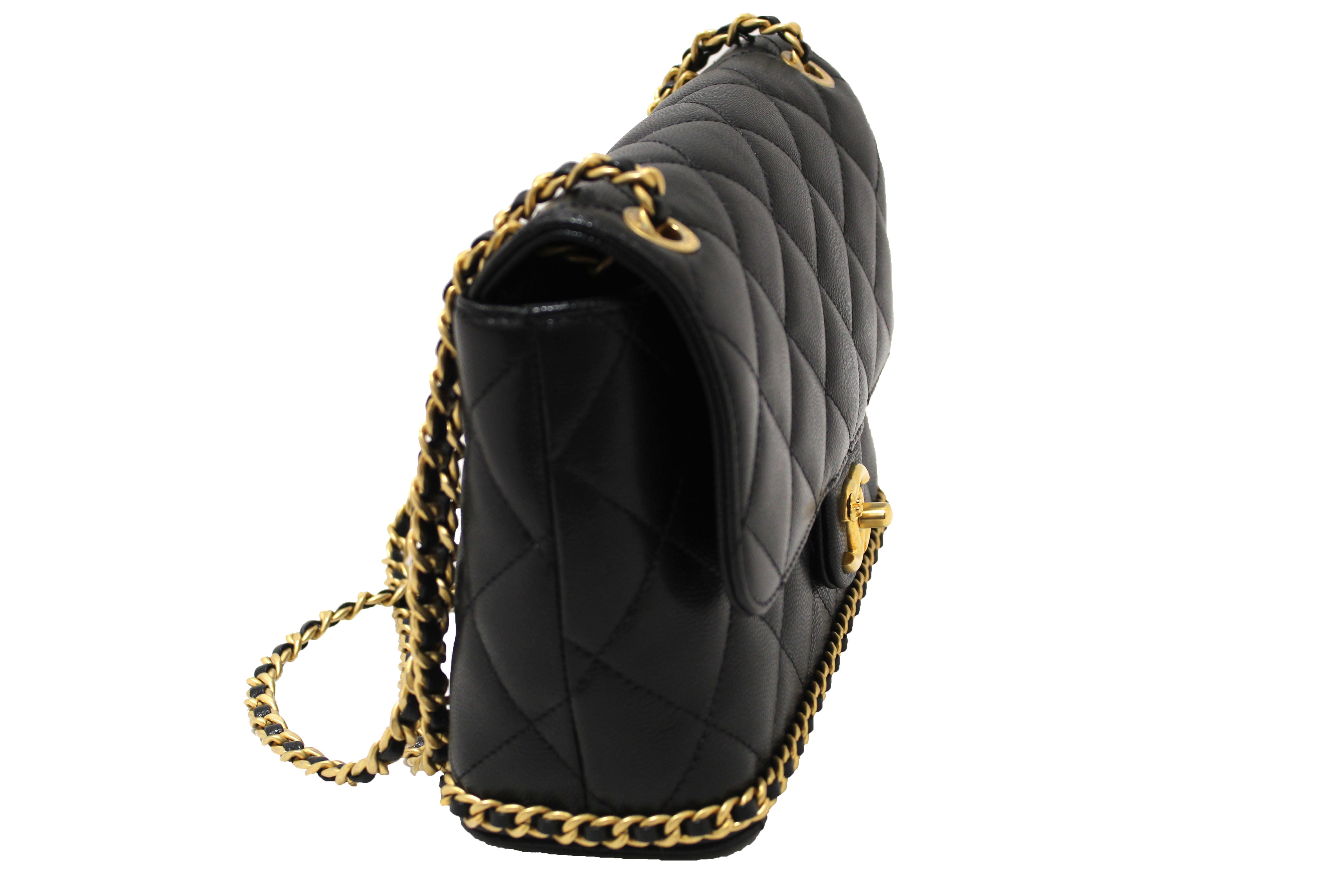 Authentic Chanel Black Quilted Caviar Leather Camellia Chain Around Flap Shoulder Bag