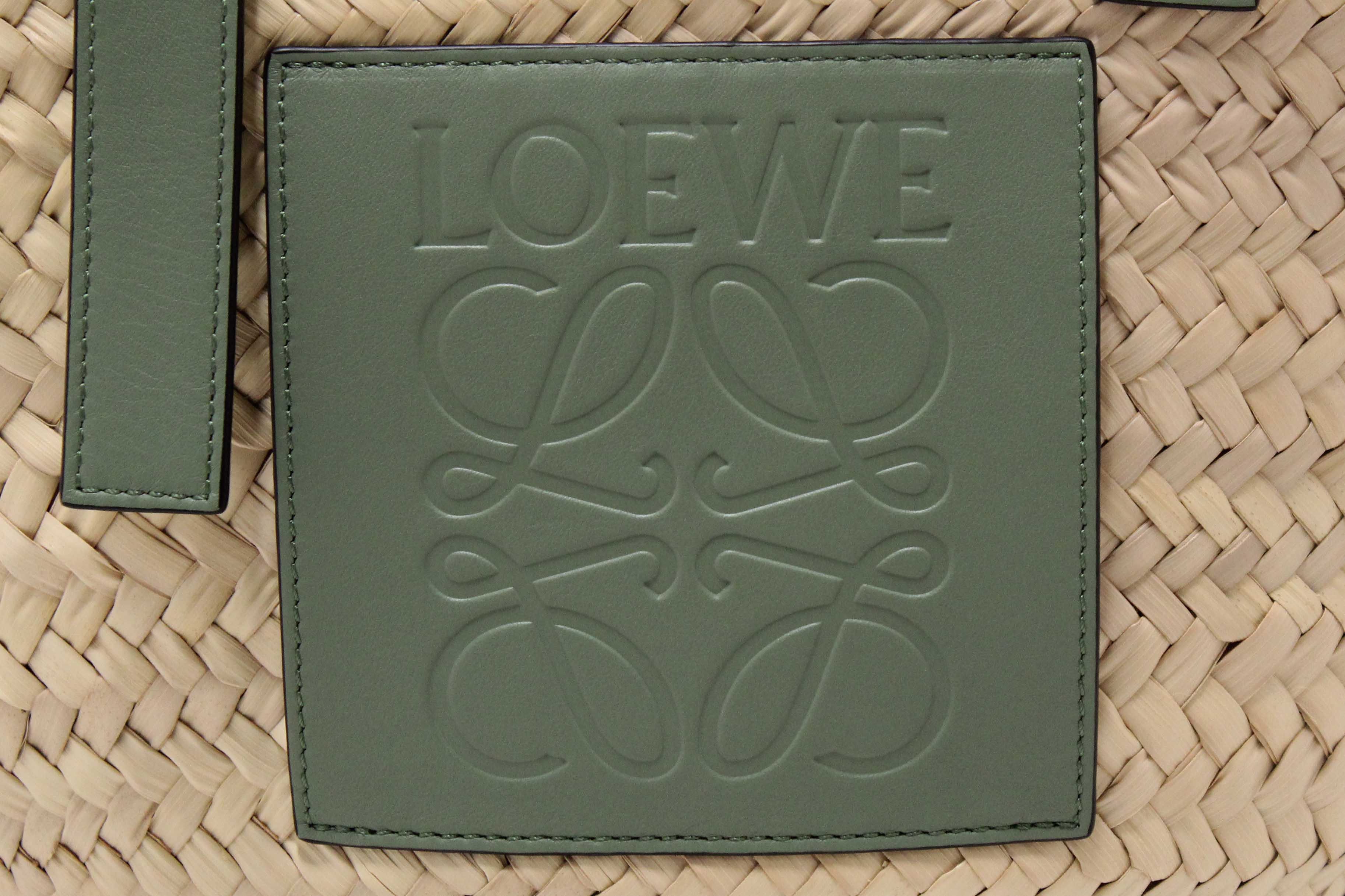Authentic Loewe Palm Leaf and Green Calfskin Leather Basket Bag