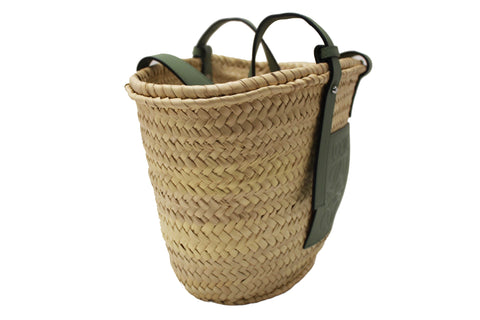 Authentic Loewe Palm Leaf and Green Calfskin Leather Basket Bag