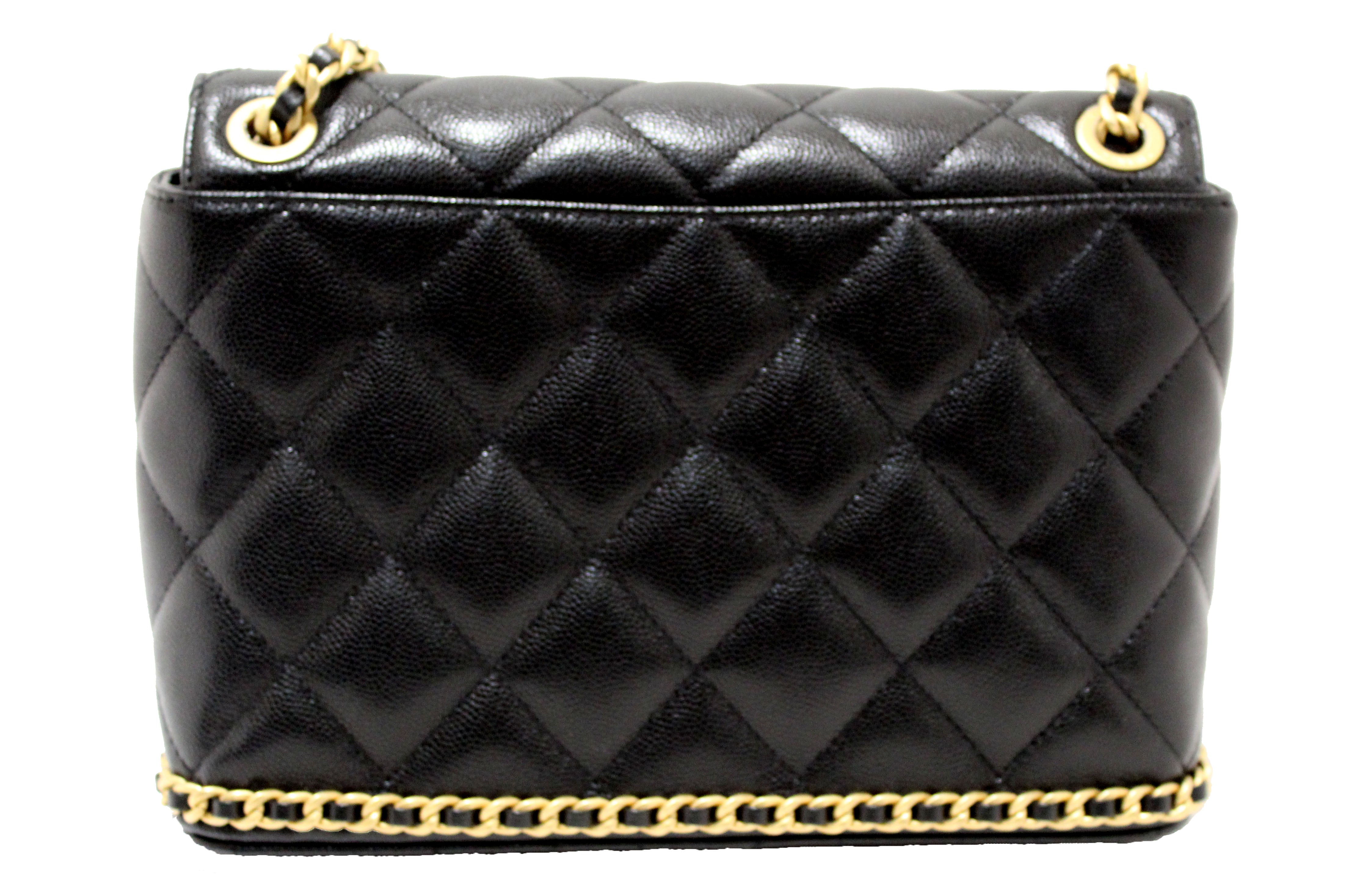 Authentic Chanel Black Quilted Caviar Leather Camellia Chain Around Flap Shoulder Bag