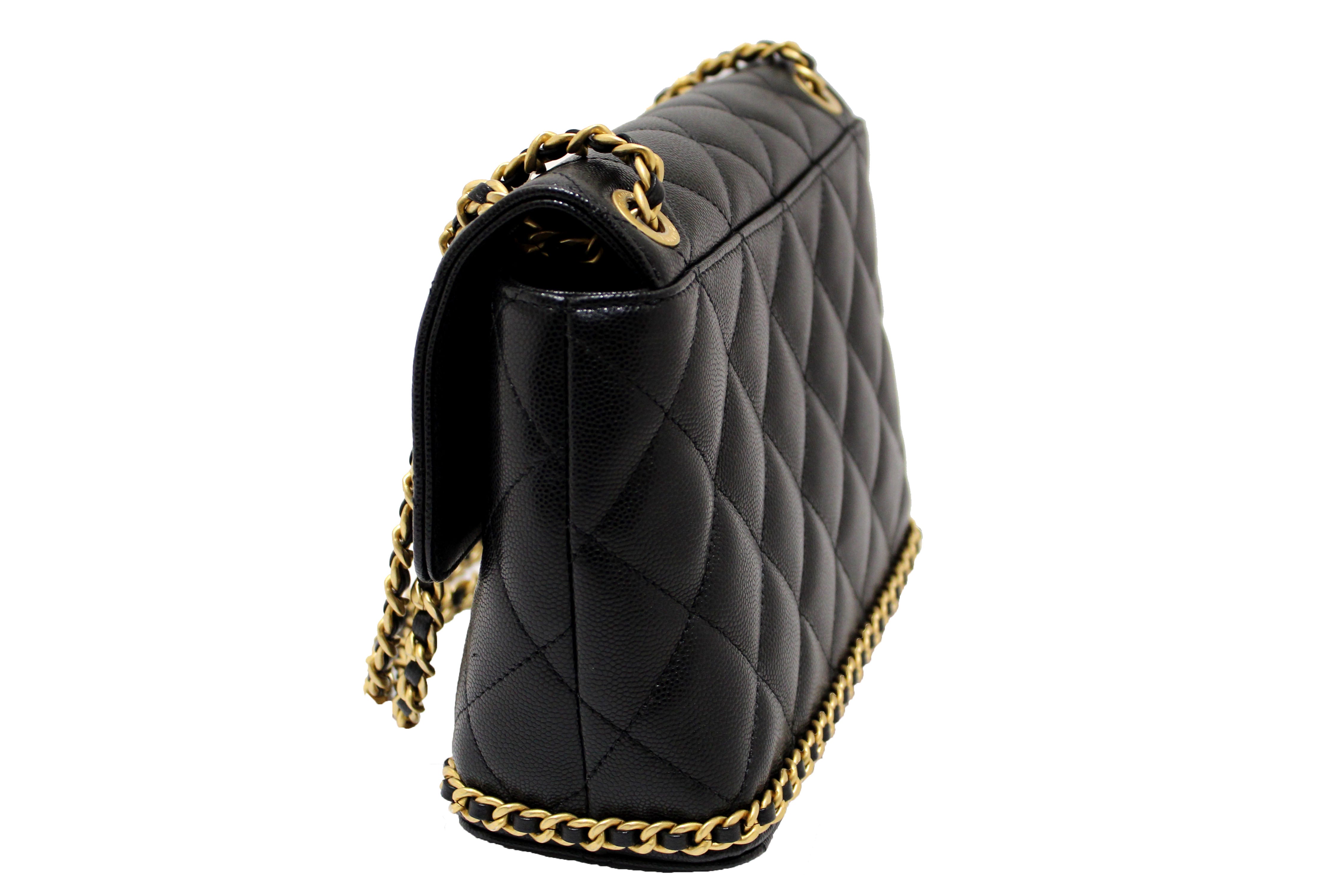 Authentic Chanel Black Quilted Caviar Leather Camellia Chain Around Flap Shoulder Bag