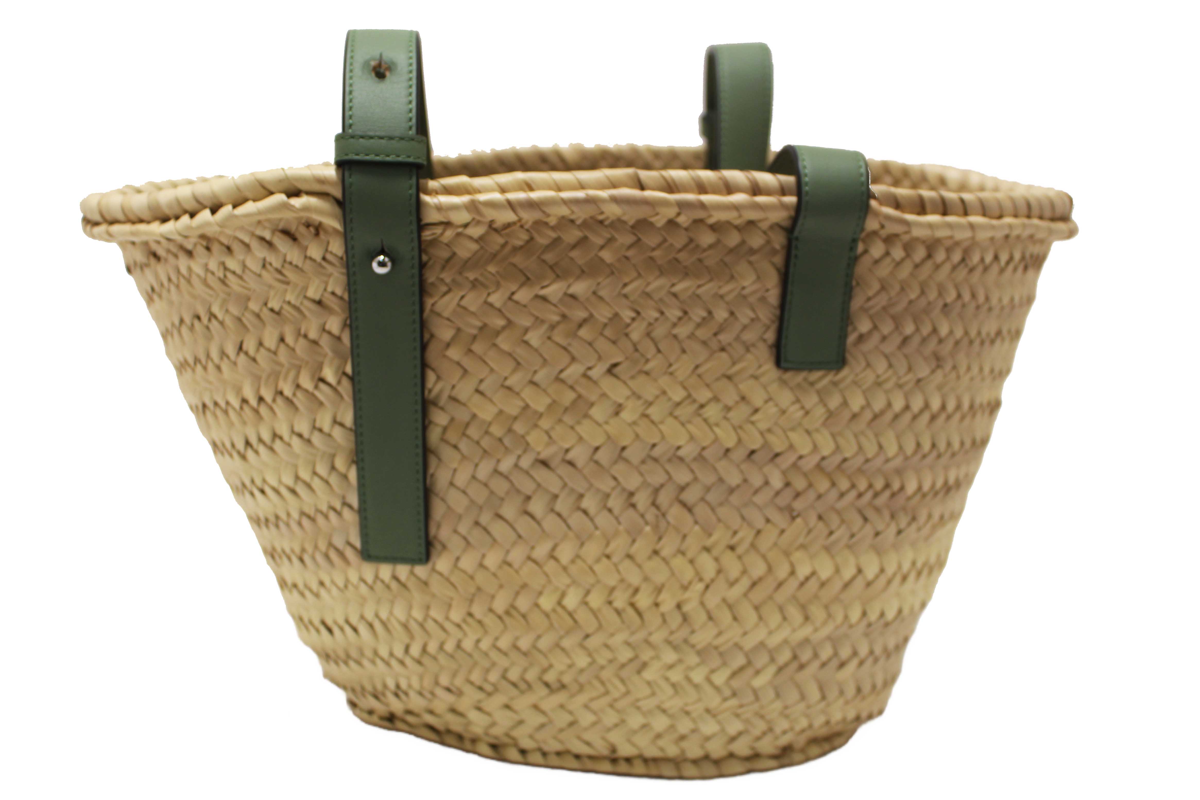 Authentic Loewe Palm Leaf and Green Calfskin Leather Basket Bag