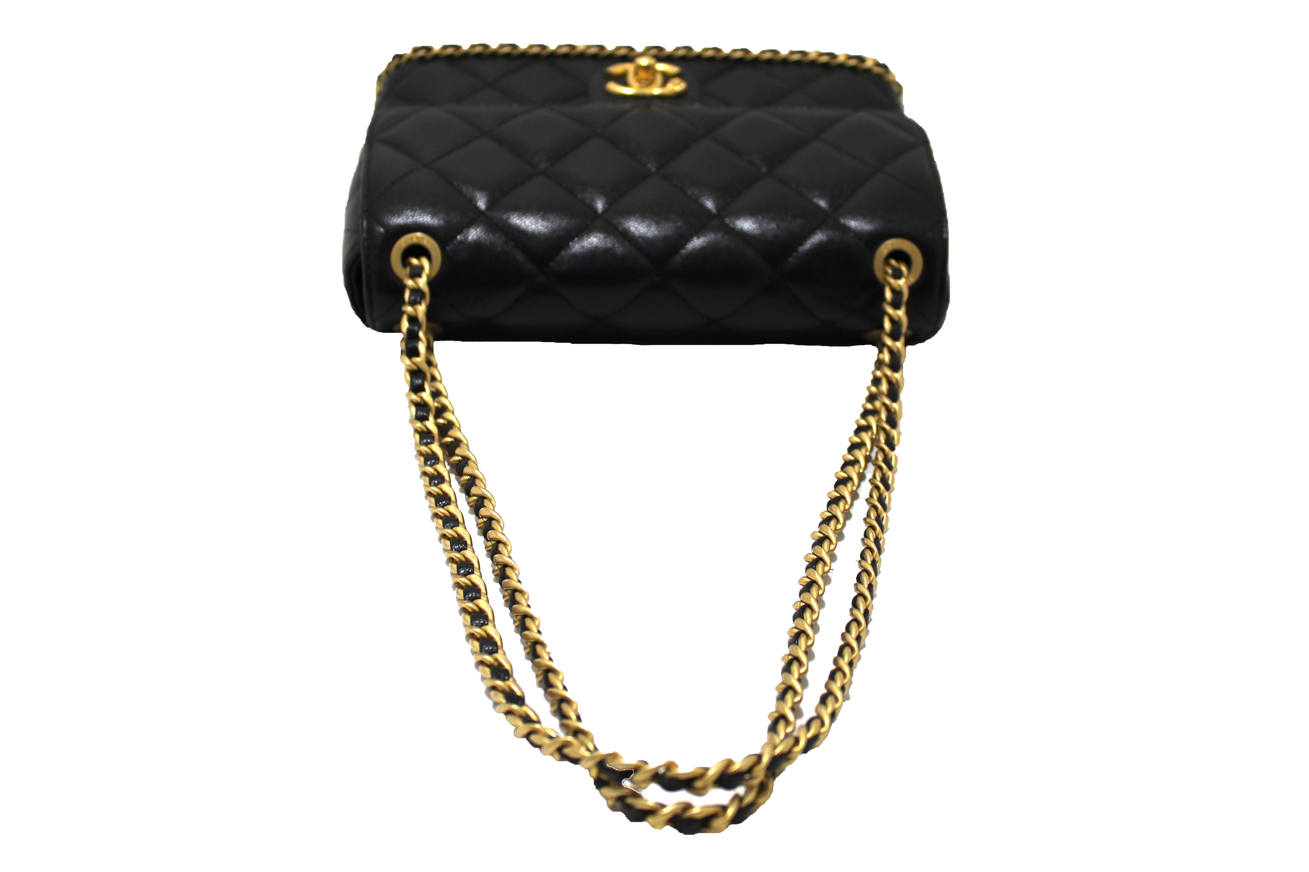 Authentic Chanel Black Quilted Caviar Leather Camellia Chain Around Flap Shoulder Bag