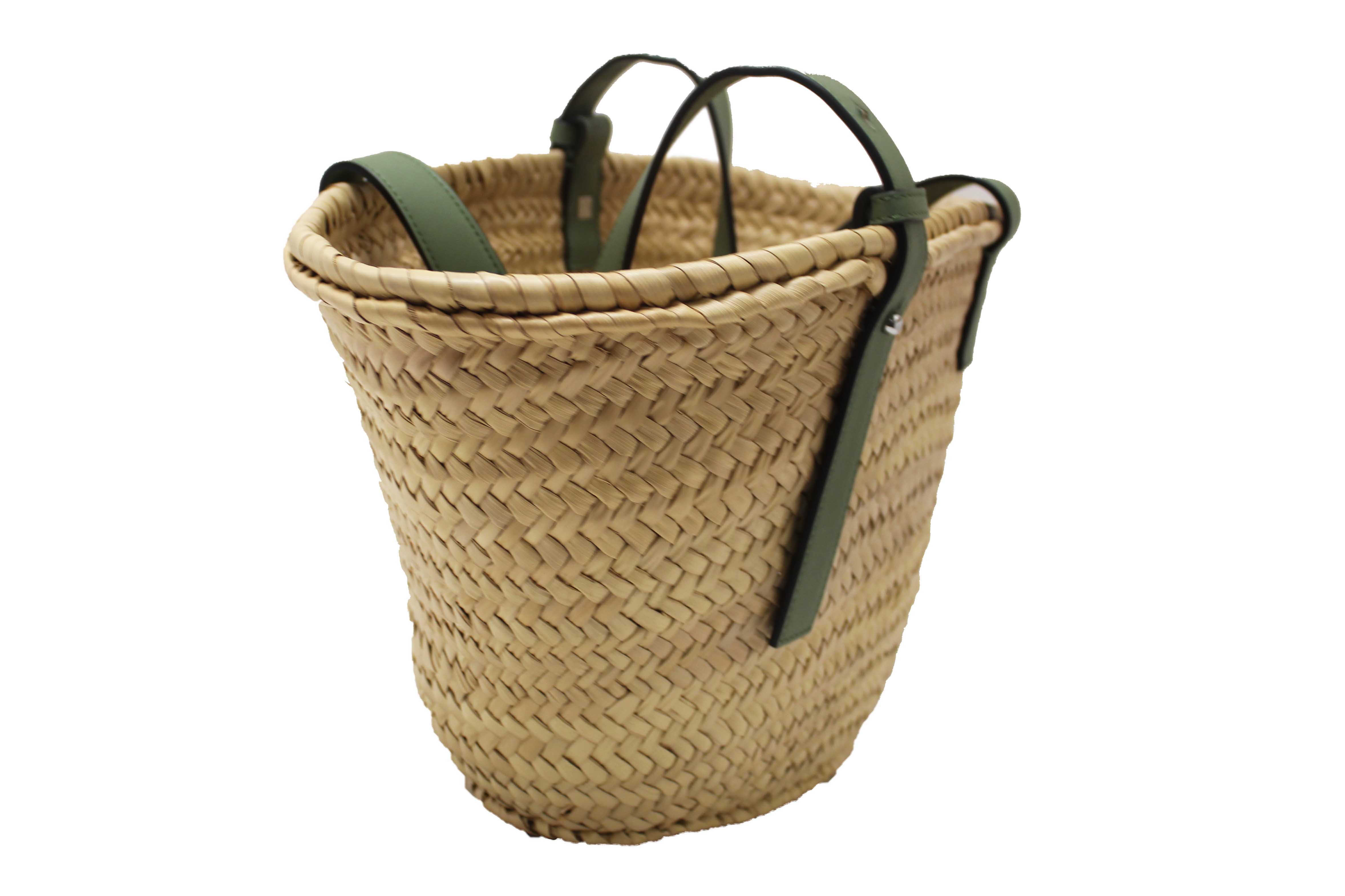 Authentic Loewe Palm Leaf and Green Calfskin Leather Basket Bag