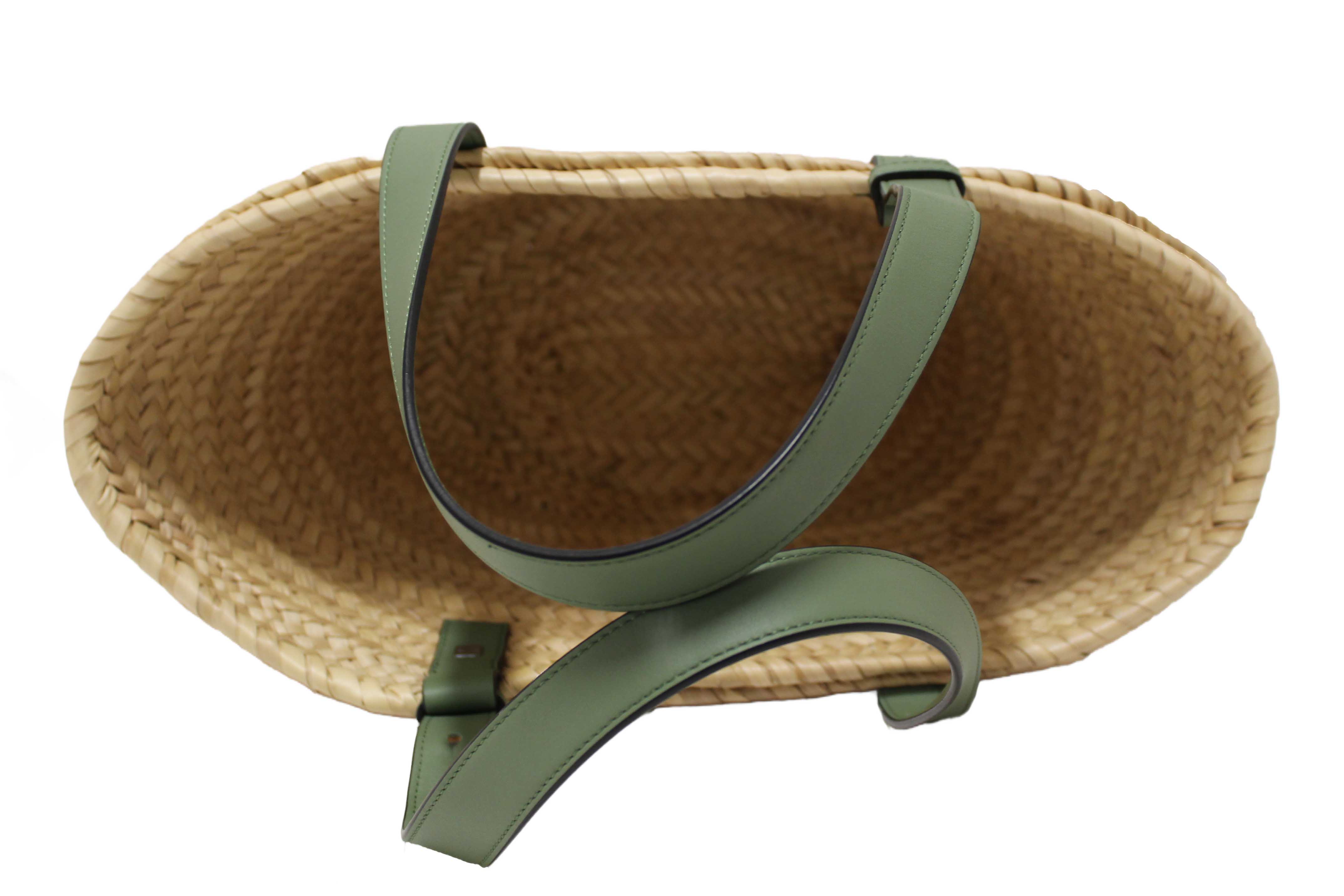Authentic Loewe Palm Leaf and Green Calfskin Leather Basket Bag