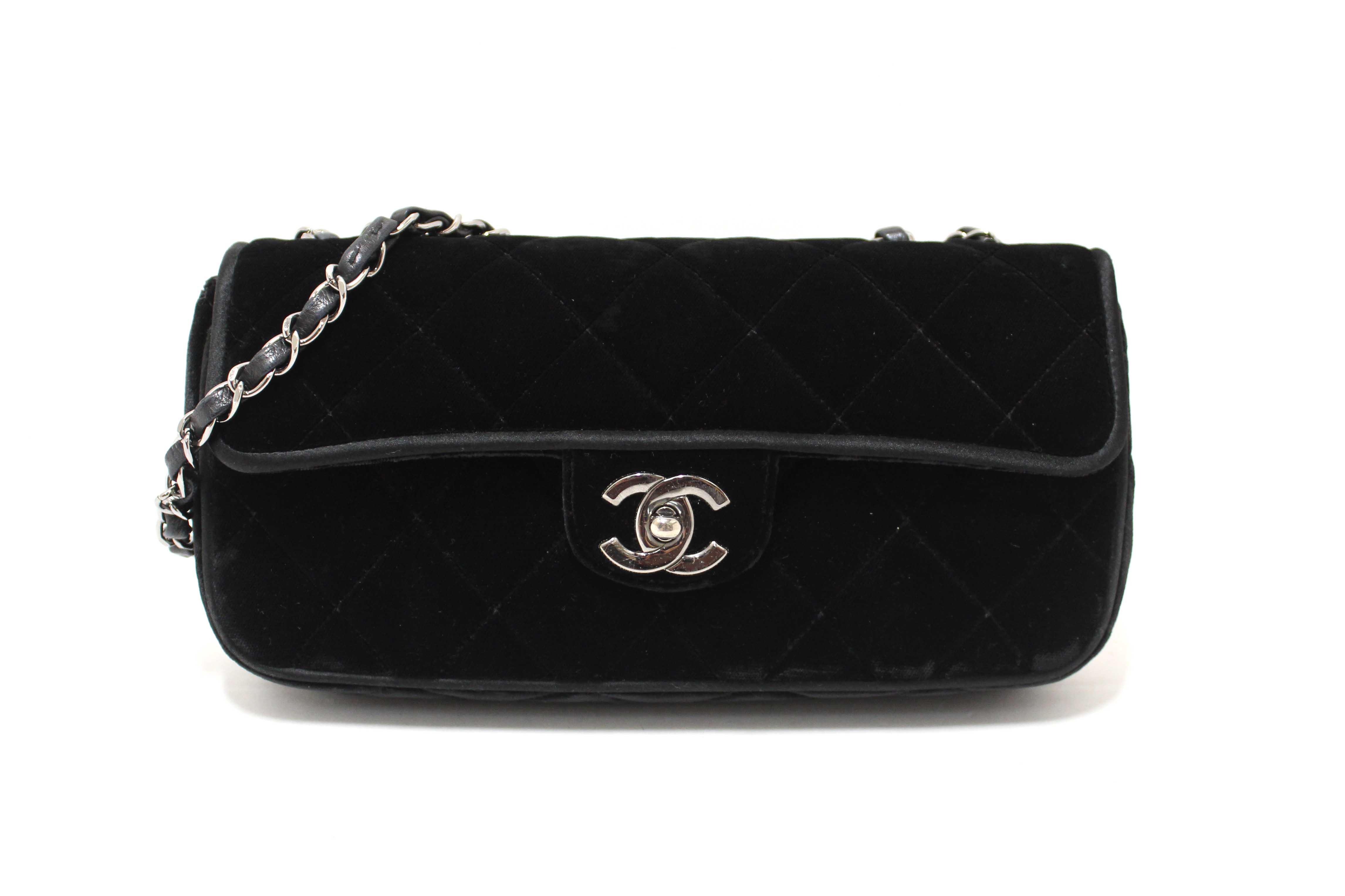 Authentic Chanel Black Quilted Velvet Flap Shoulder Bag