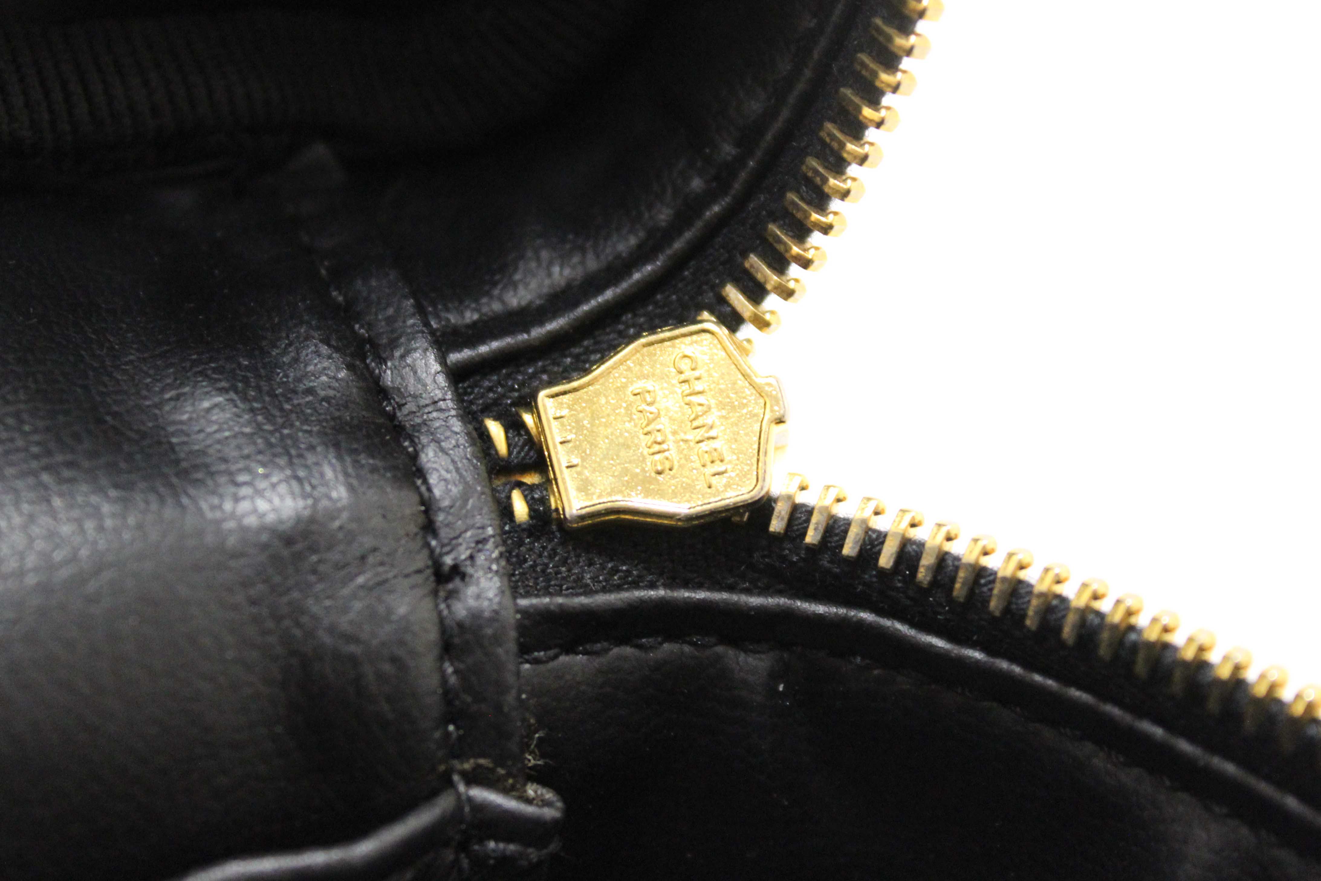 Authentic Chanel Vintage Black Lambskin Leather Vanity Cosmetic Case