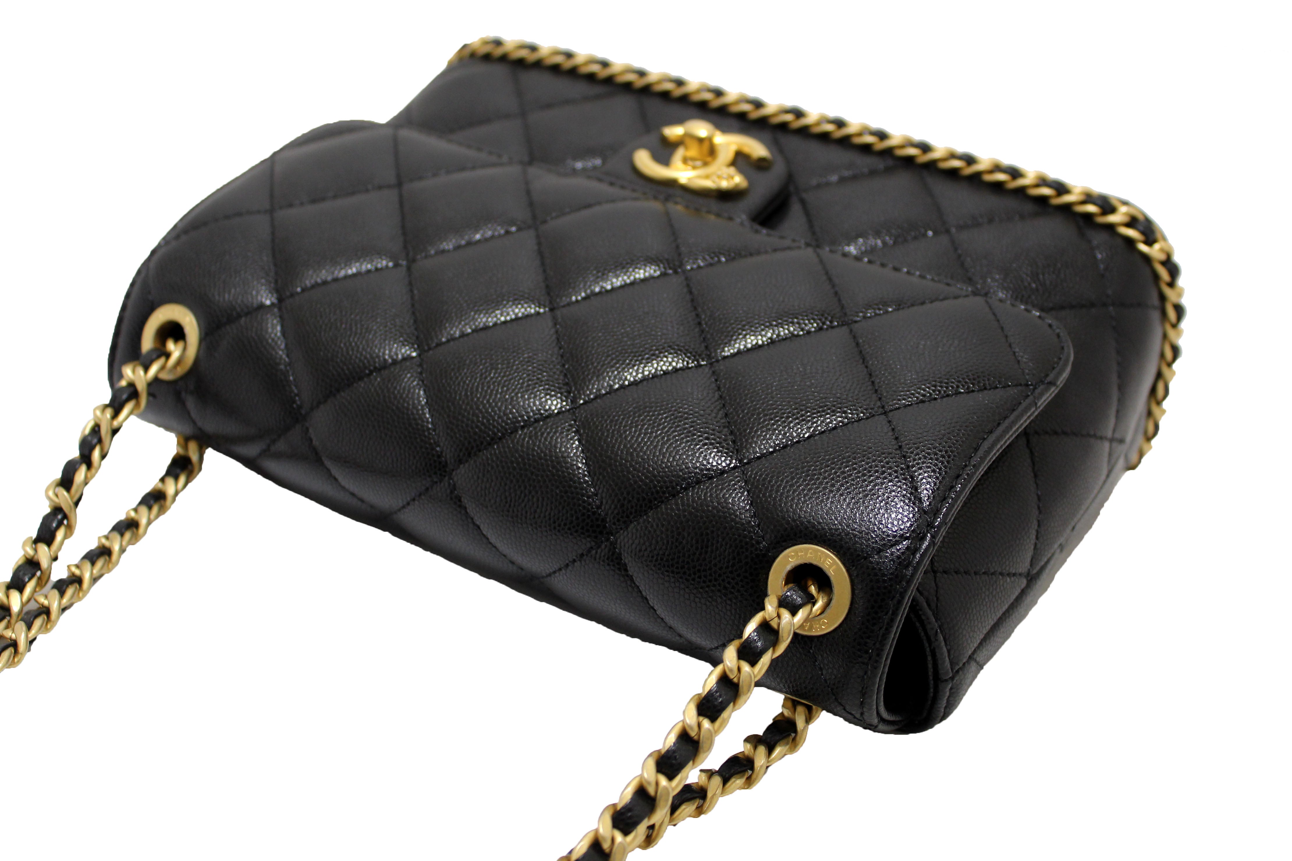 Authentic Chanel Black Quilted Caviar Leather Camellia Chain Around Flap Shoulder Bag