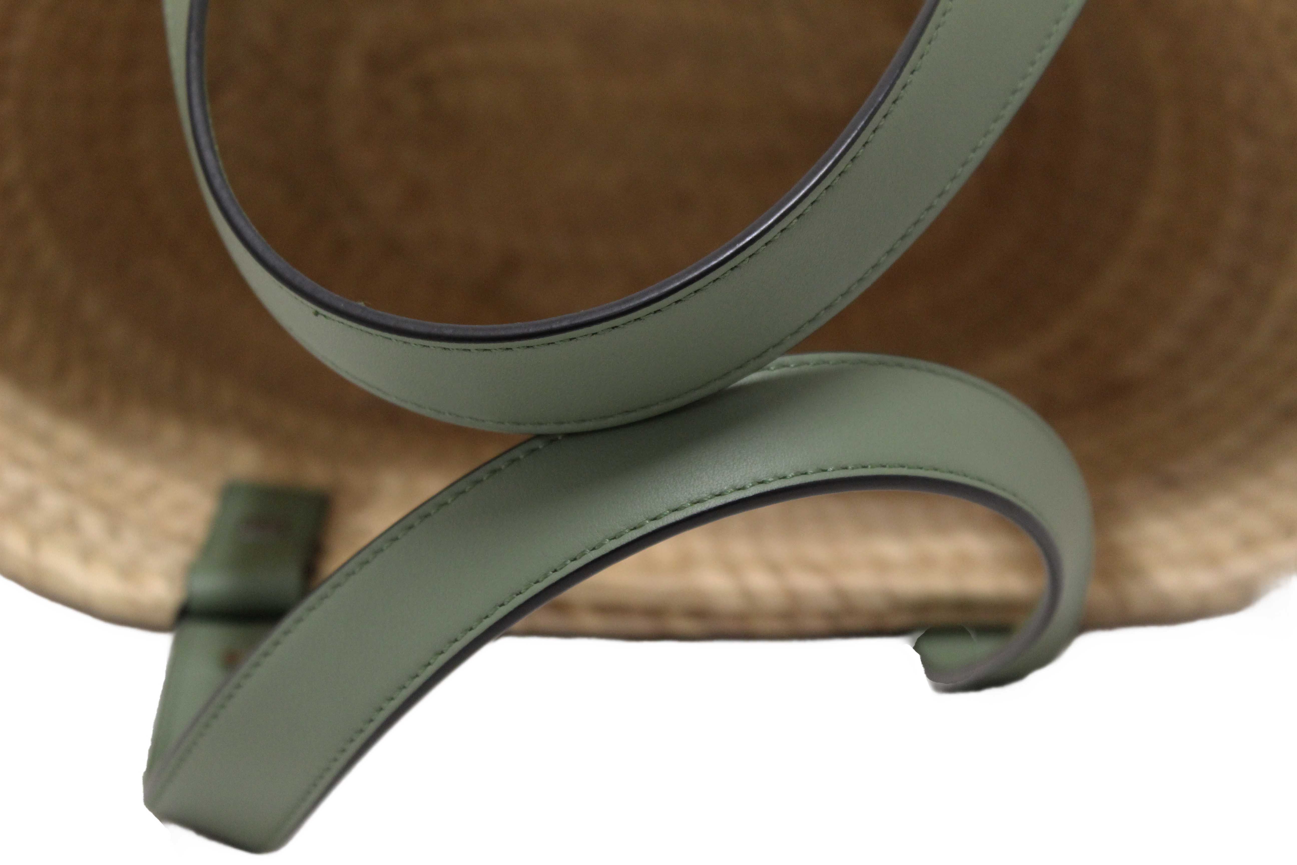 Authentic Loewe Palm Leaf and Green Calfskin Leather Basket Bag