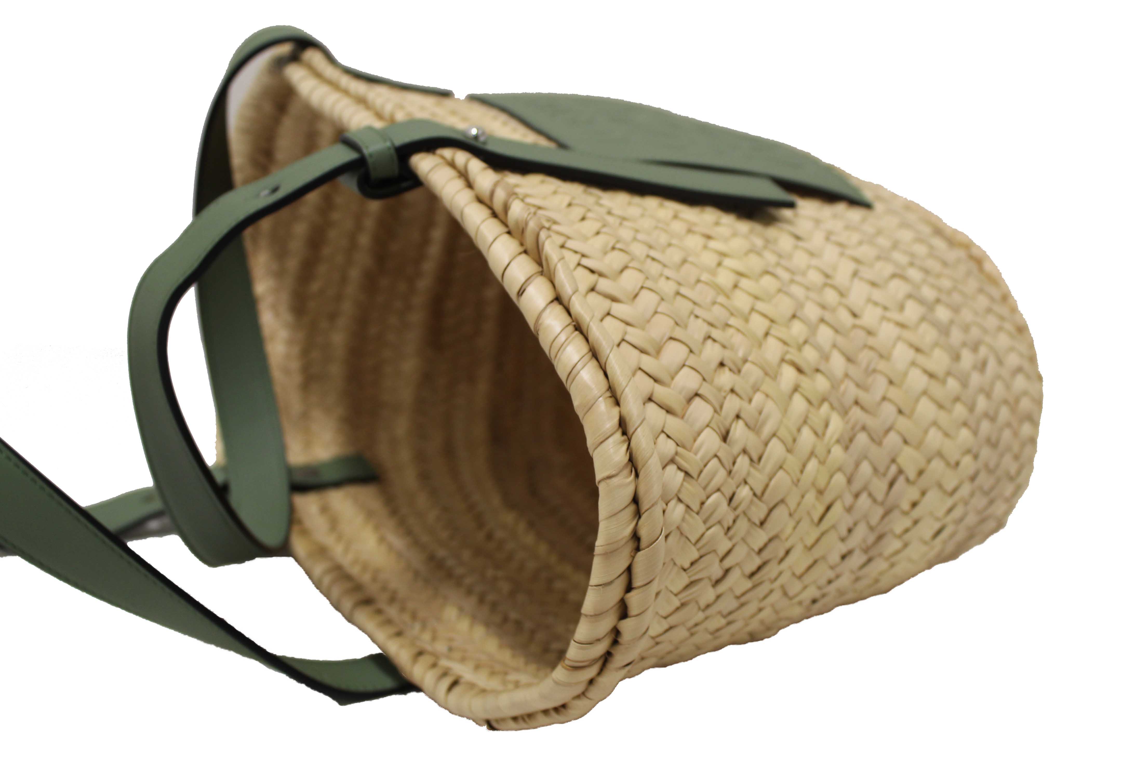 Authentic Loewe Palm Leaf and Green Calfskin Leather Basket Bag