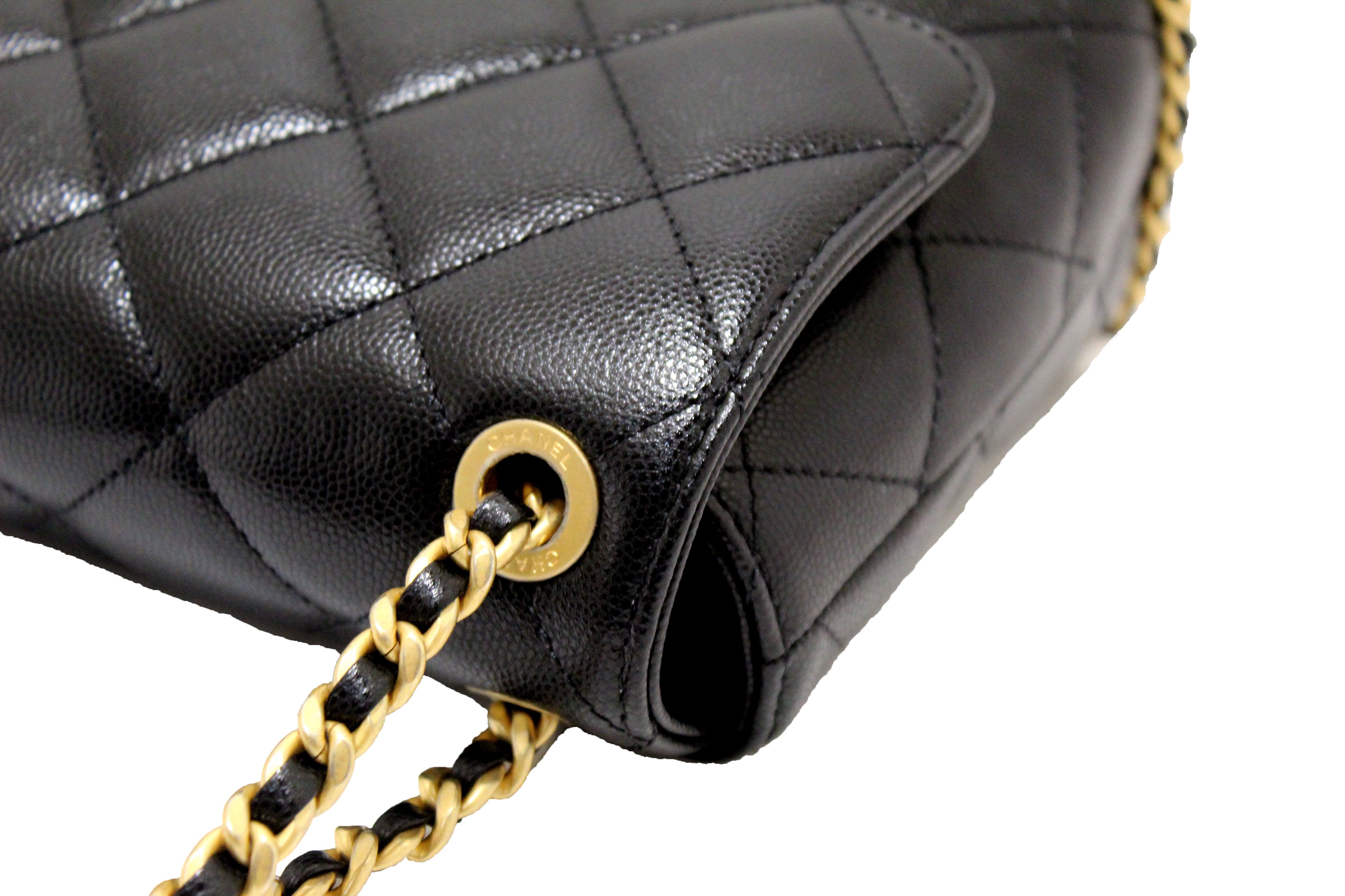 Authentic Chanel Black Quilted Caviar Leather Camellia Chain Around Flap Shoulder Bag