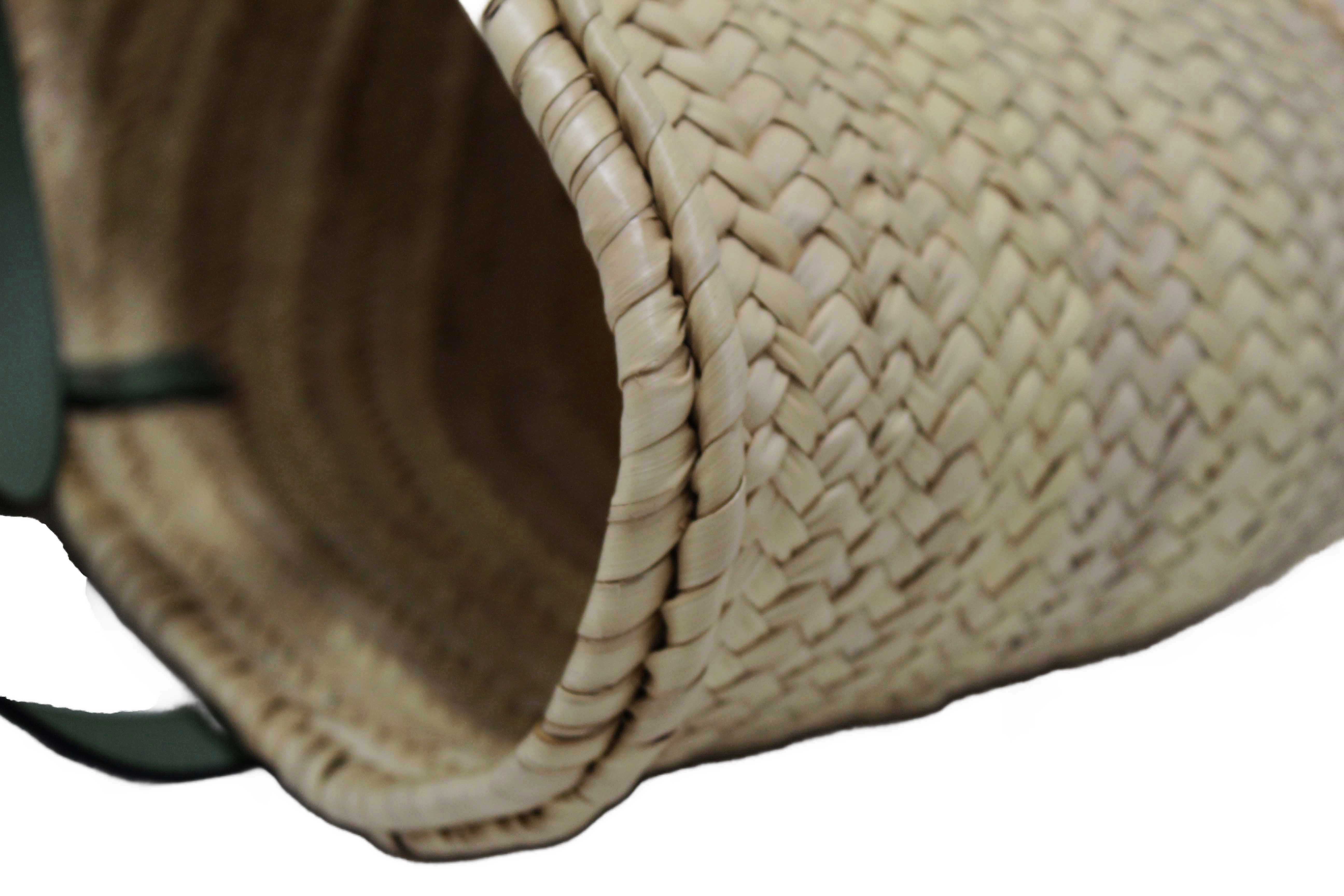 Authentic Loewe Palm Leaf and Green Calfskin Leather Basket Bag