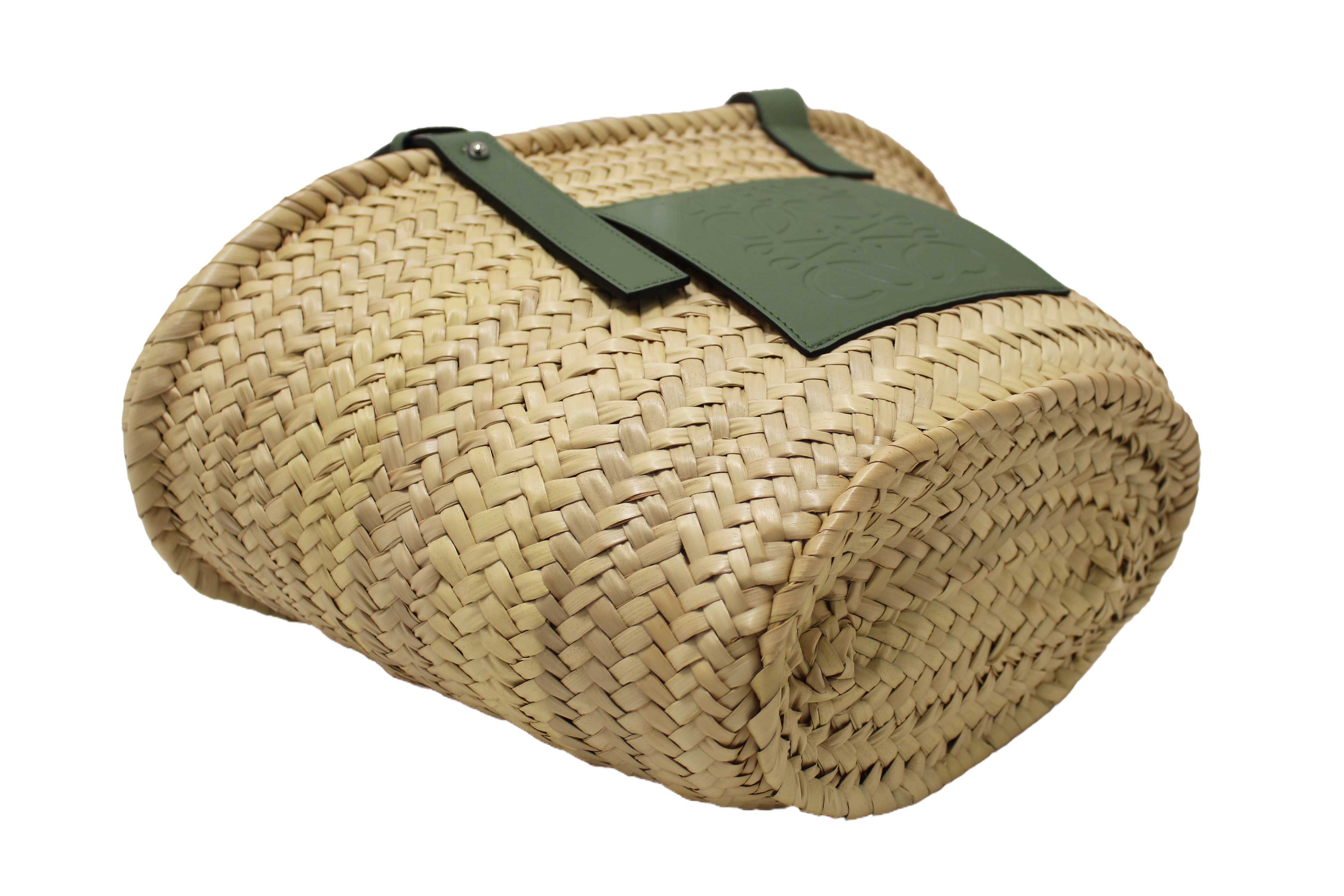 Authentic Loewe Palm Leaf and Green Calfskin Leather Basket Bag