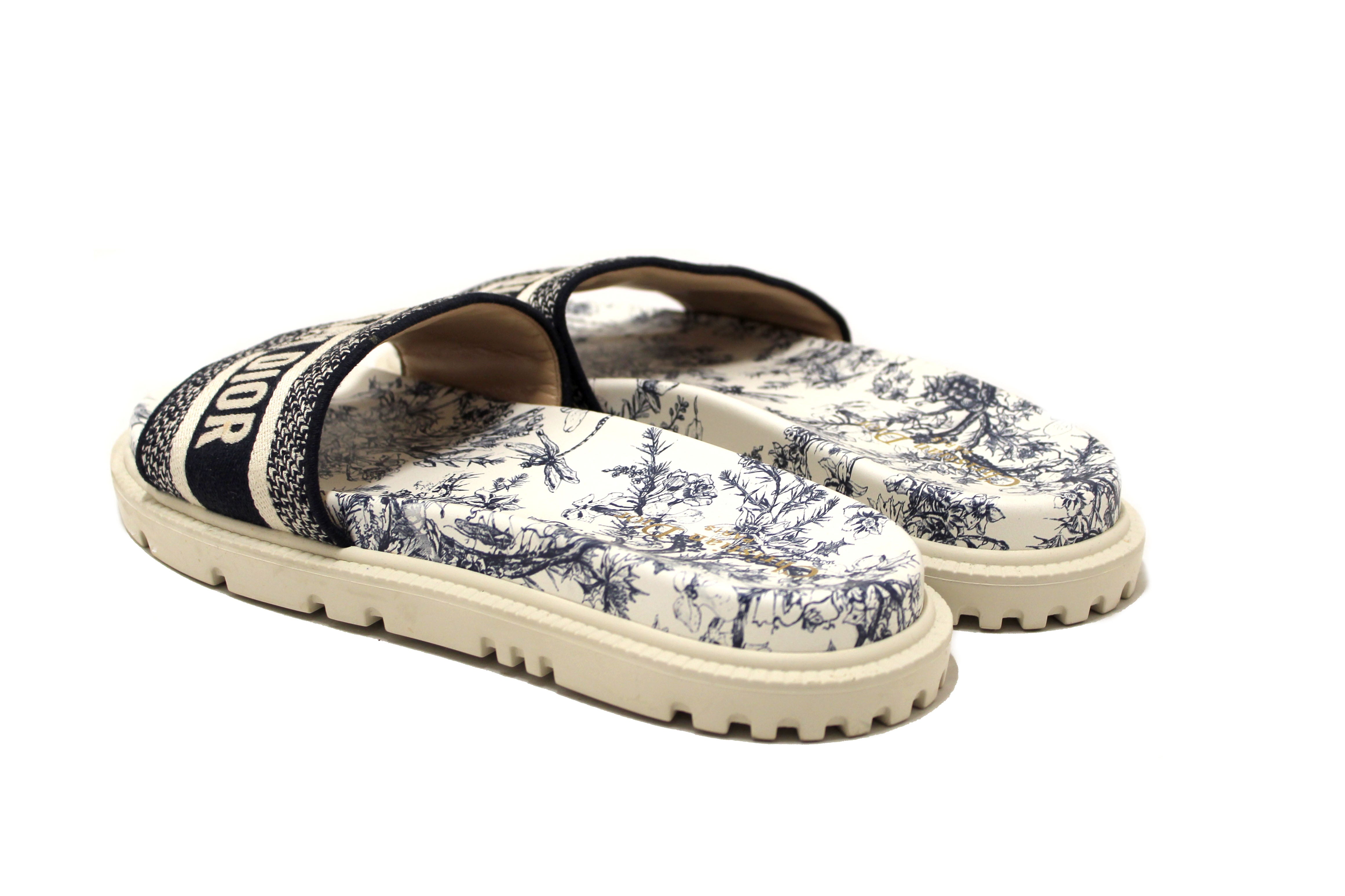 Authentic Christian Dior Blue Toile de Jouy D-way Slide Sandals 41