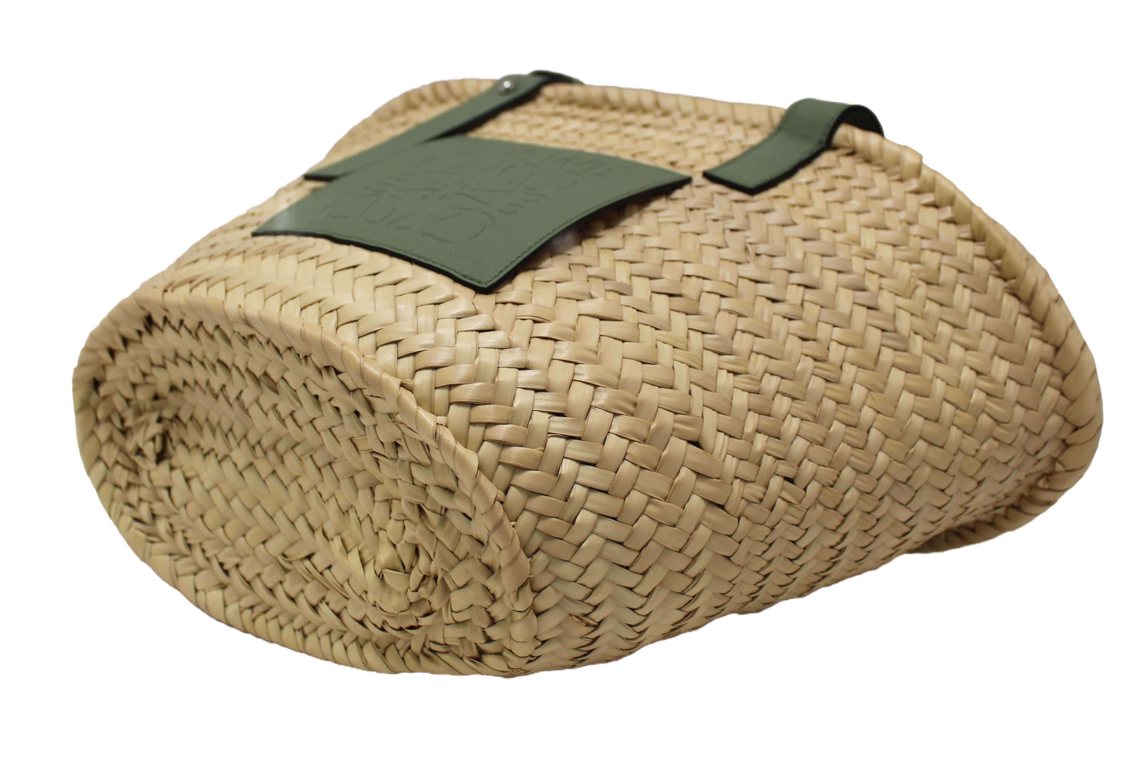 Authentic Loewe Palm Leaf and Green Calfskin Leather Basket Bag