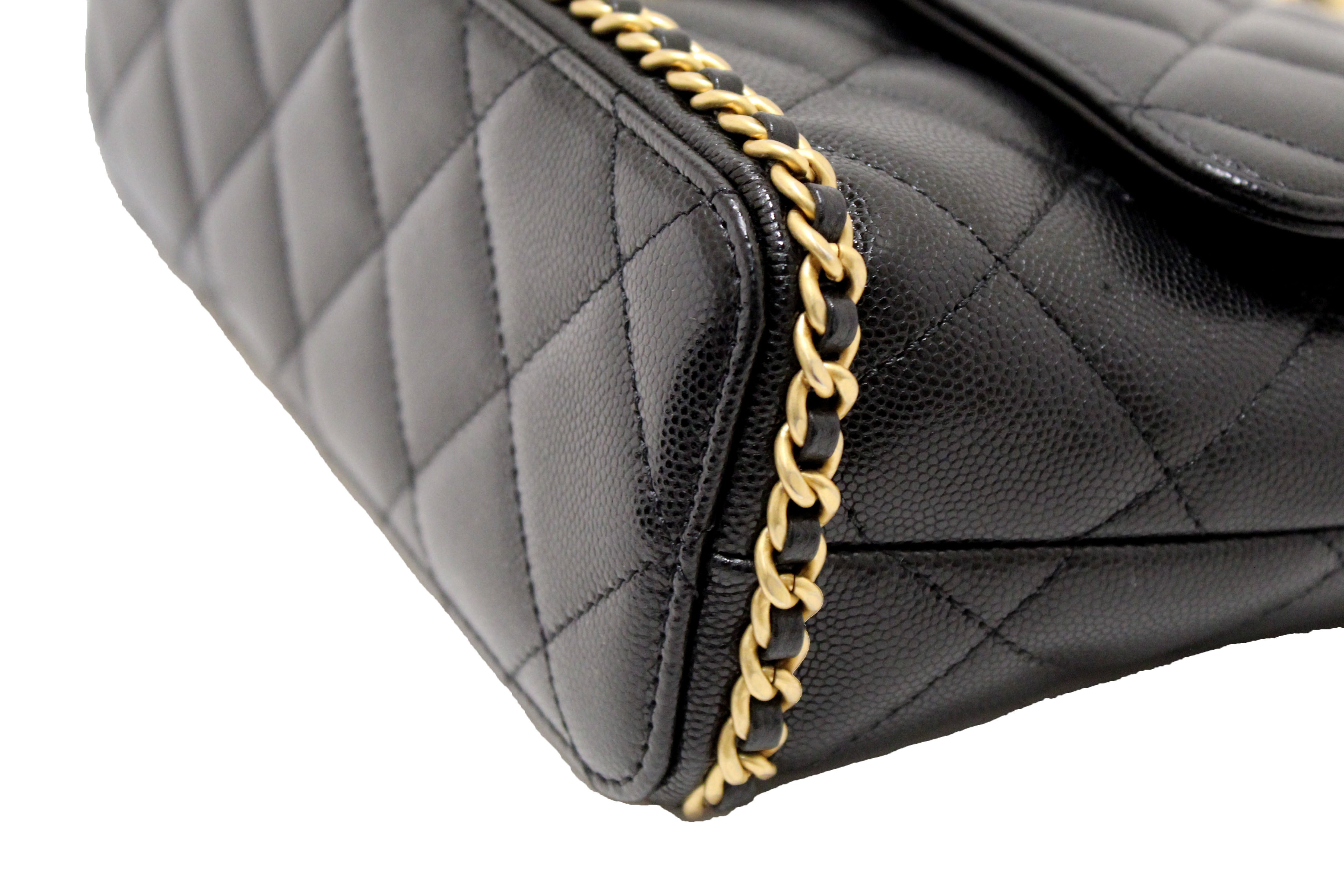 Authentic Chanel Black Quilted Caviar Leather Camellia Chain Around Flap Shoulder Bag