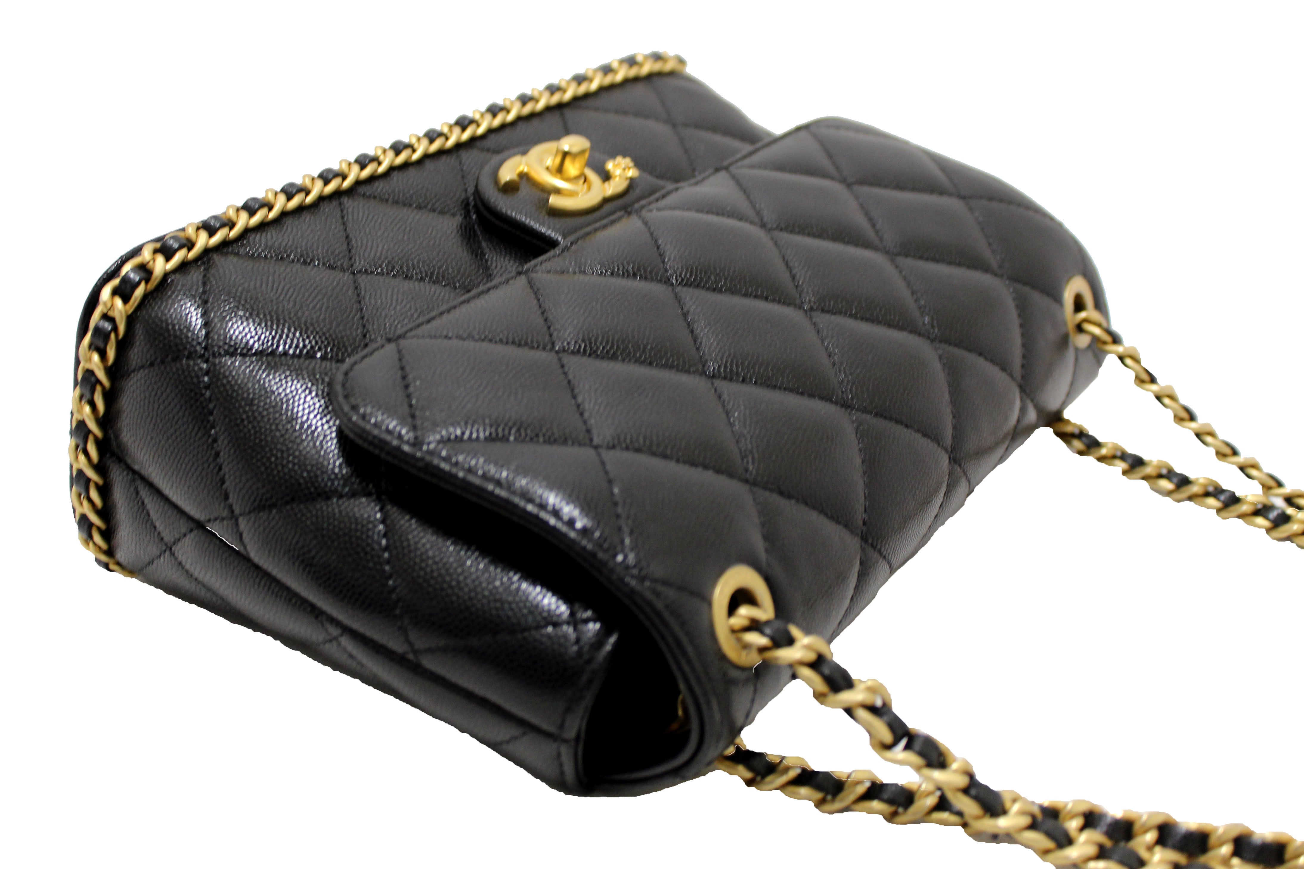 Authentic Chanel Black Quilted Caviar Leather Camellia Chain Around Flap Shoulder Bag