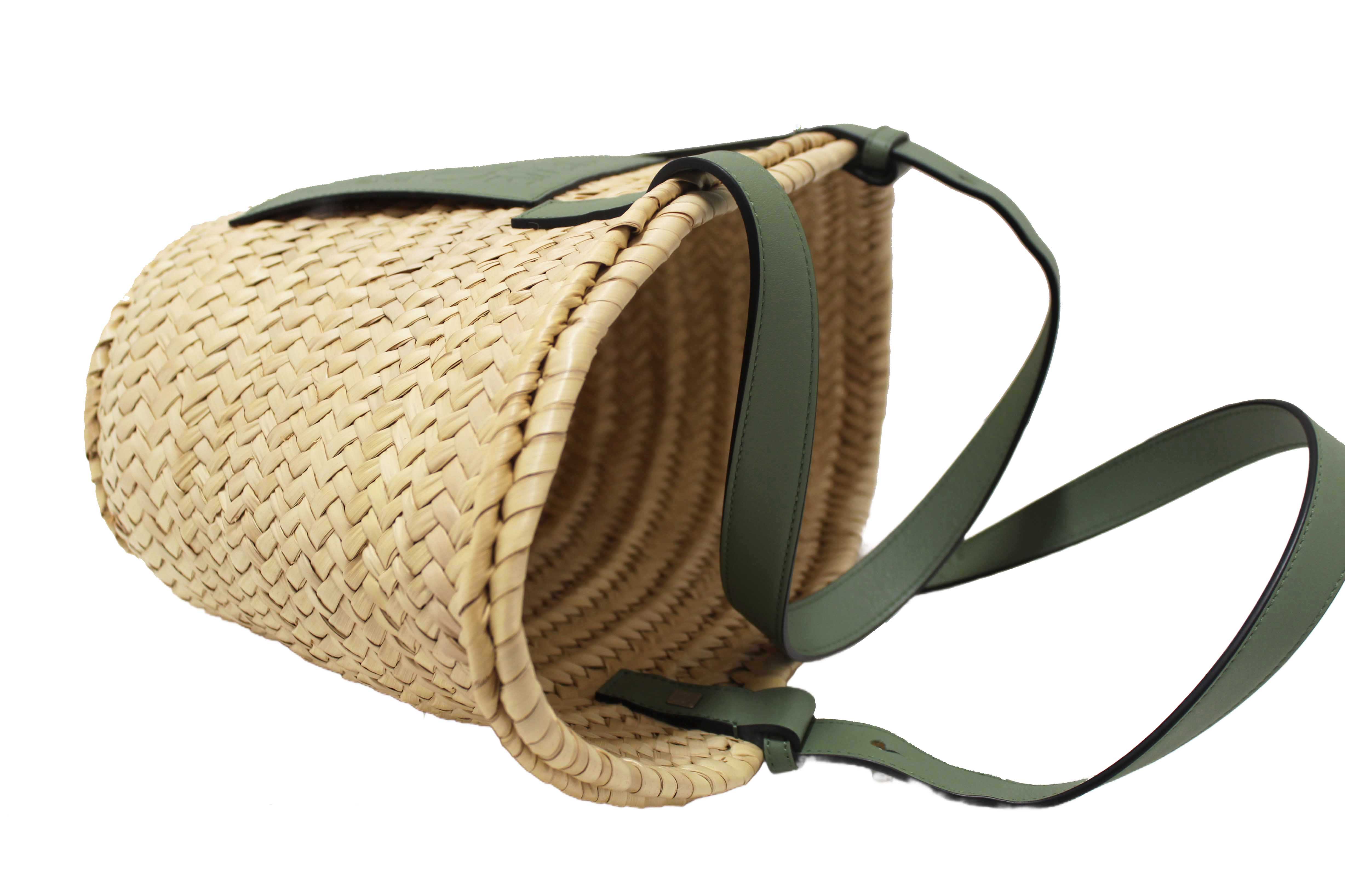 Authentic Loewe Palm Leaf and Green Calfskin Leather Basket Bag