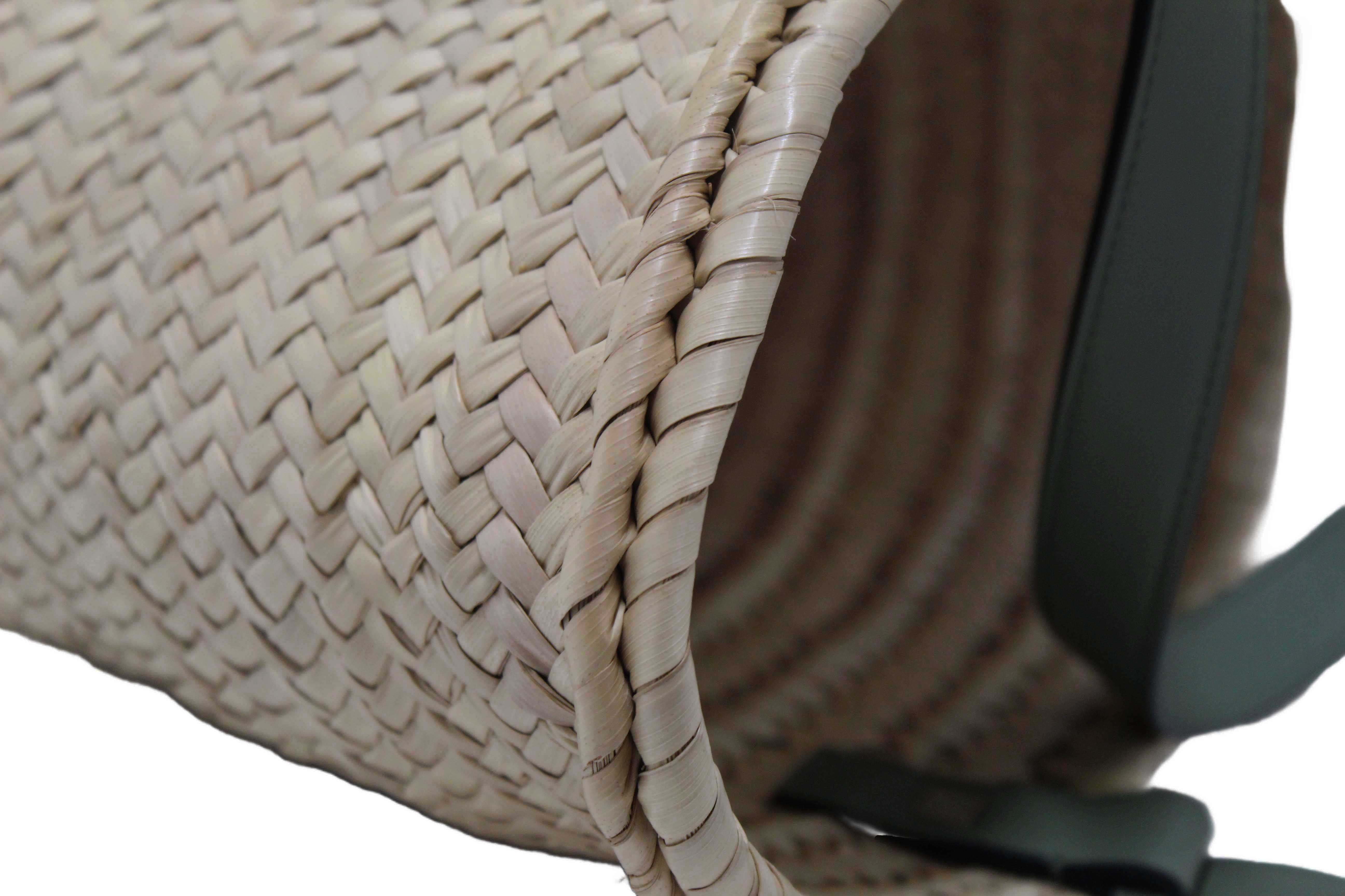 Authentic Loewe Palm Leaf and Green Calfskin Leather Basket Bag