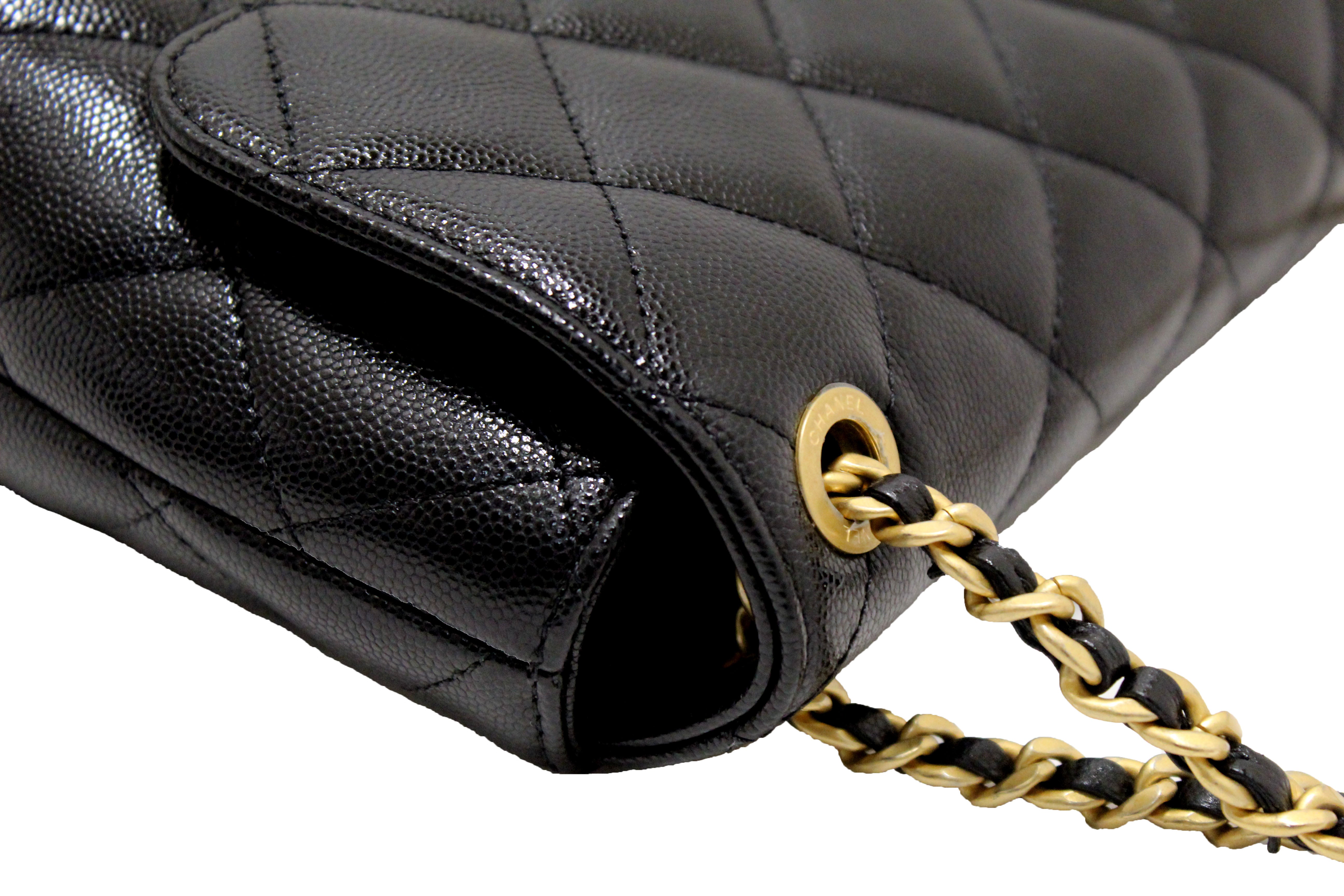 Authentic Chanel Black Quilted Caviar Leather Camellia Chain Around Flap Shoulder Bag