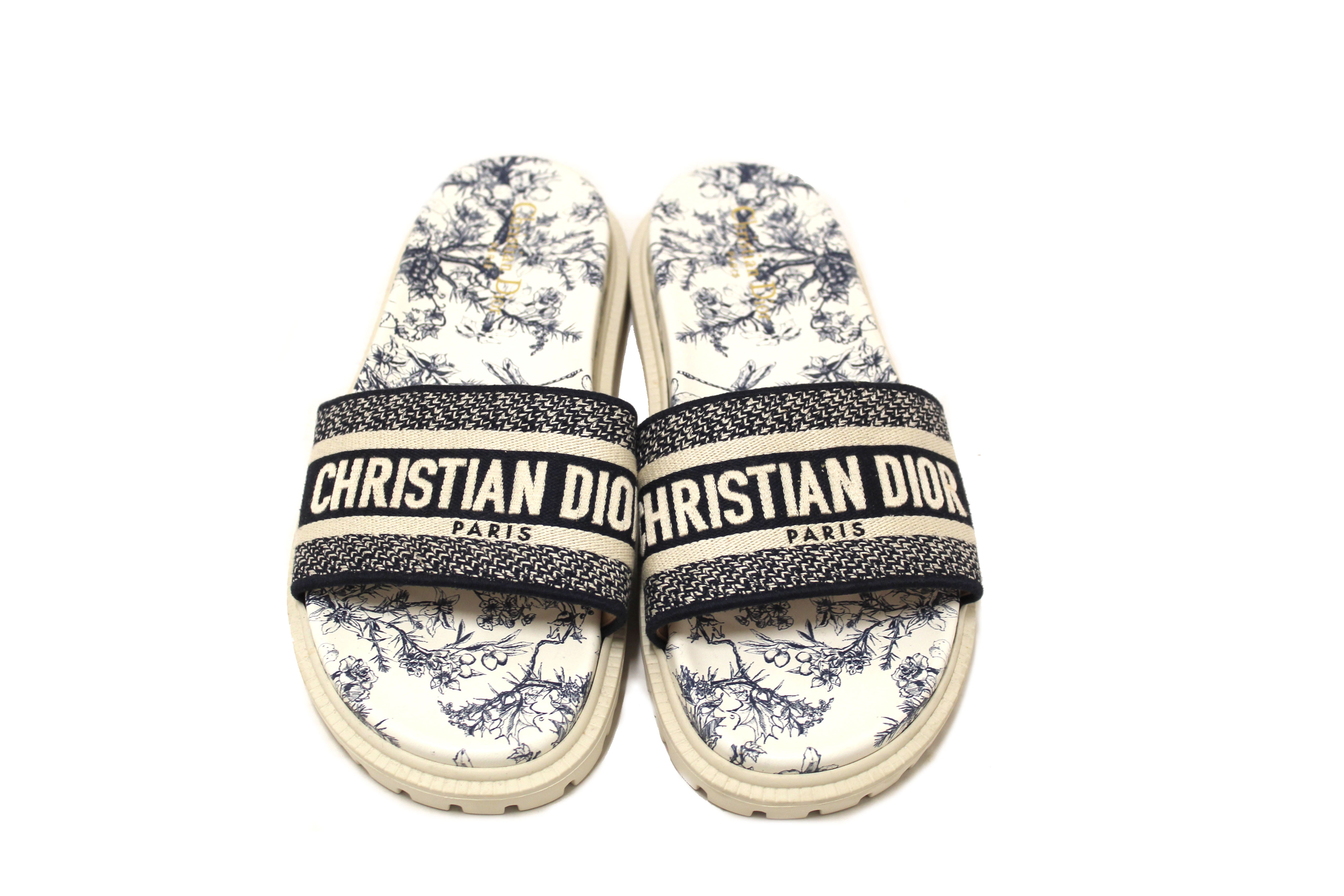 Authentic Christian Dior Blue Toile de Jouy D-way Slide Sandals 41