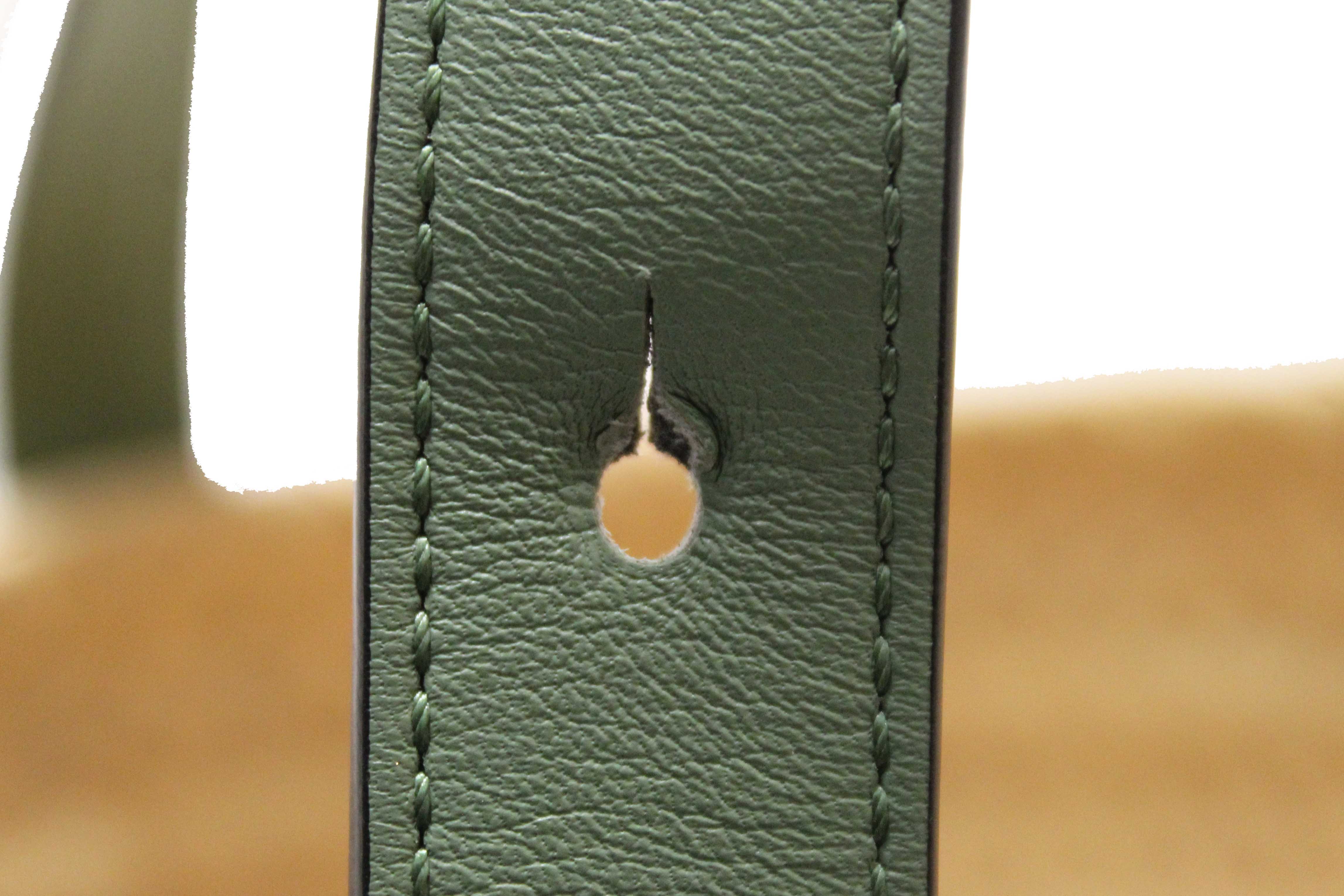 Authentic Loewe Palm Leaf and Green Calfskin Leather Basket Bag