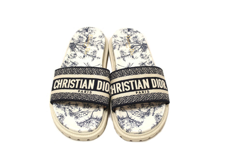 Authentic Christian Dior Blue Toile de Jouy Embroidered D-way Slide Sandals 41