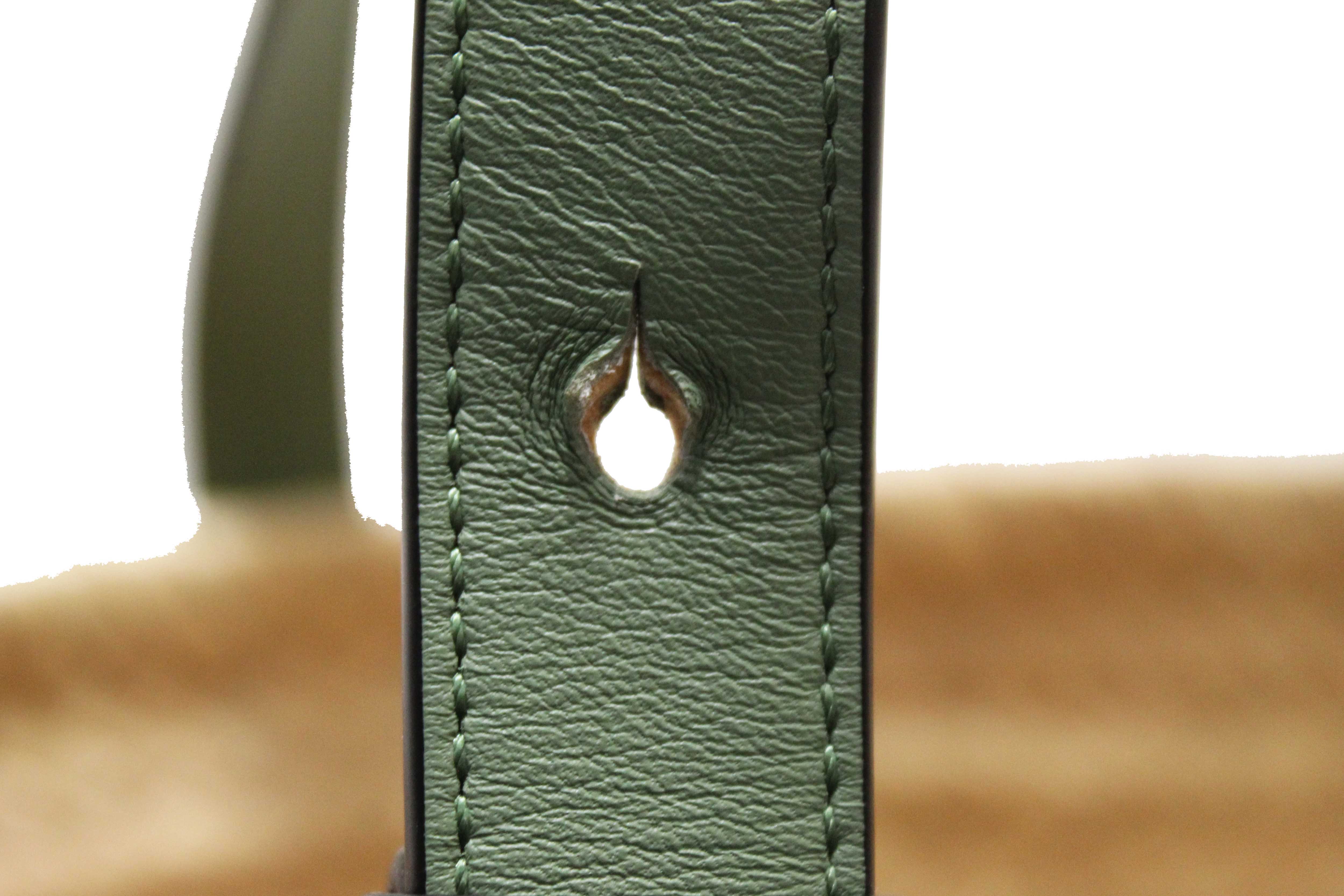 Authentic Loewe Palm Leaf and Green Calfskin Leather Basket Bag