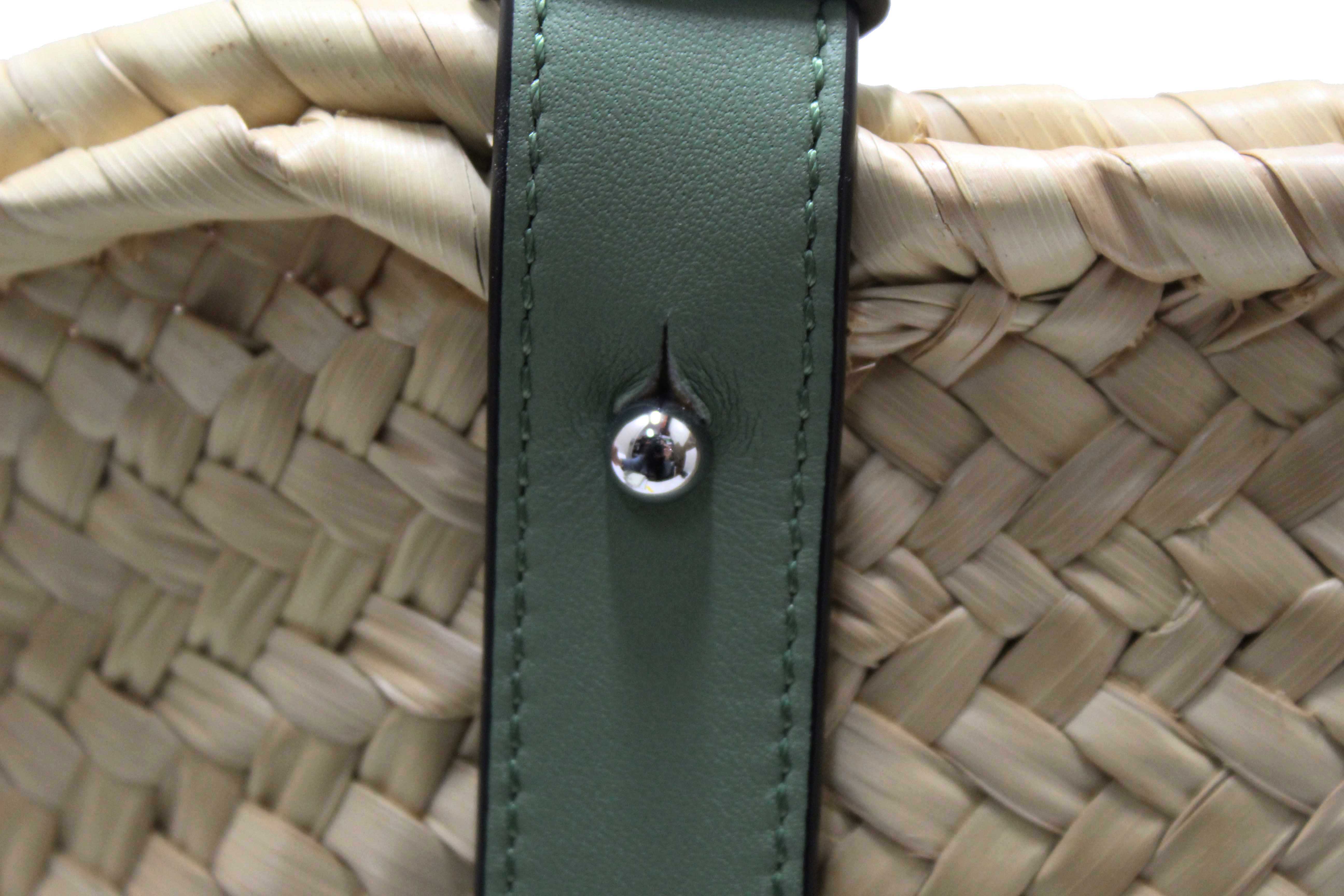 Authentic Loewe Palm Leaf and Green Calfskin Leather Basket Bag