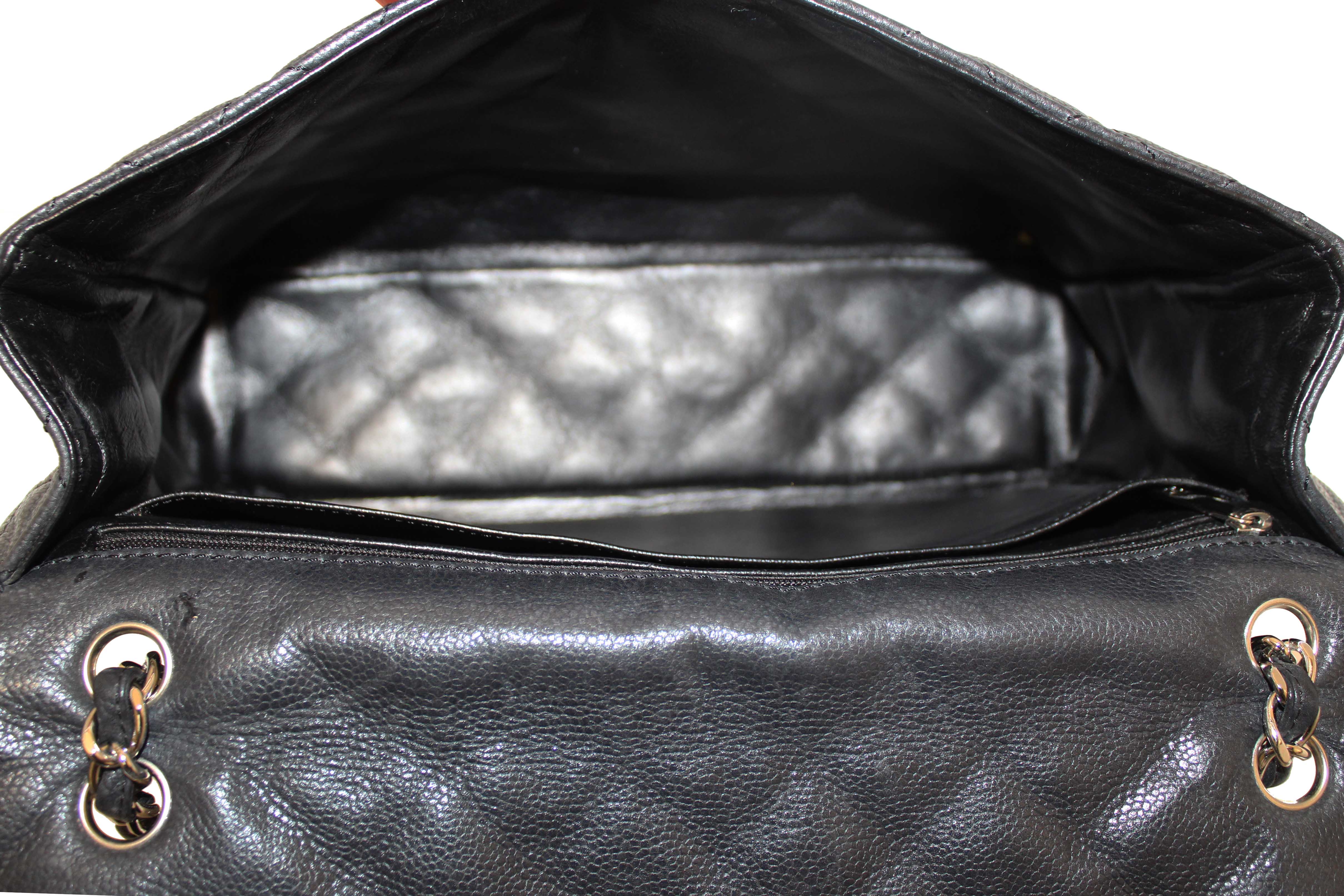 Authentic Chanel Black Quilted Washed Caviar Leather Classic Maxi Single Flap Shoulder Bag