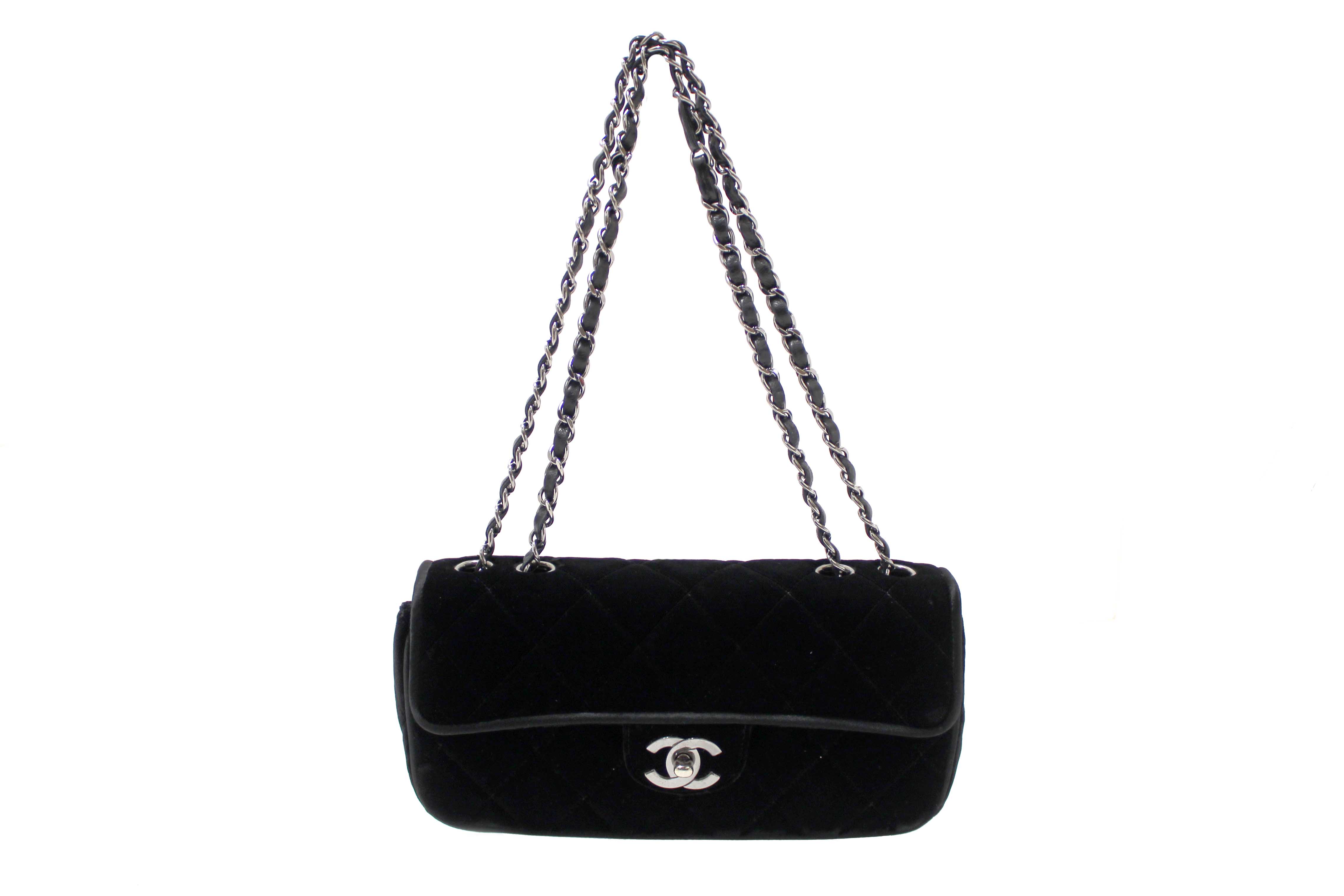 Authentic Chanel Black Quilted Velvet Flap Shoulder Bag