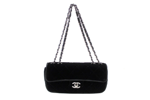 Authentic Chanel Black Quilted Velvet Flap Shoulder Bag