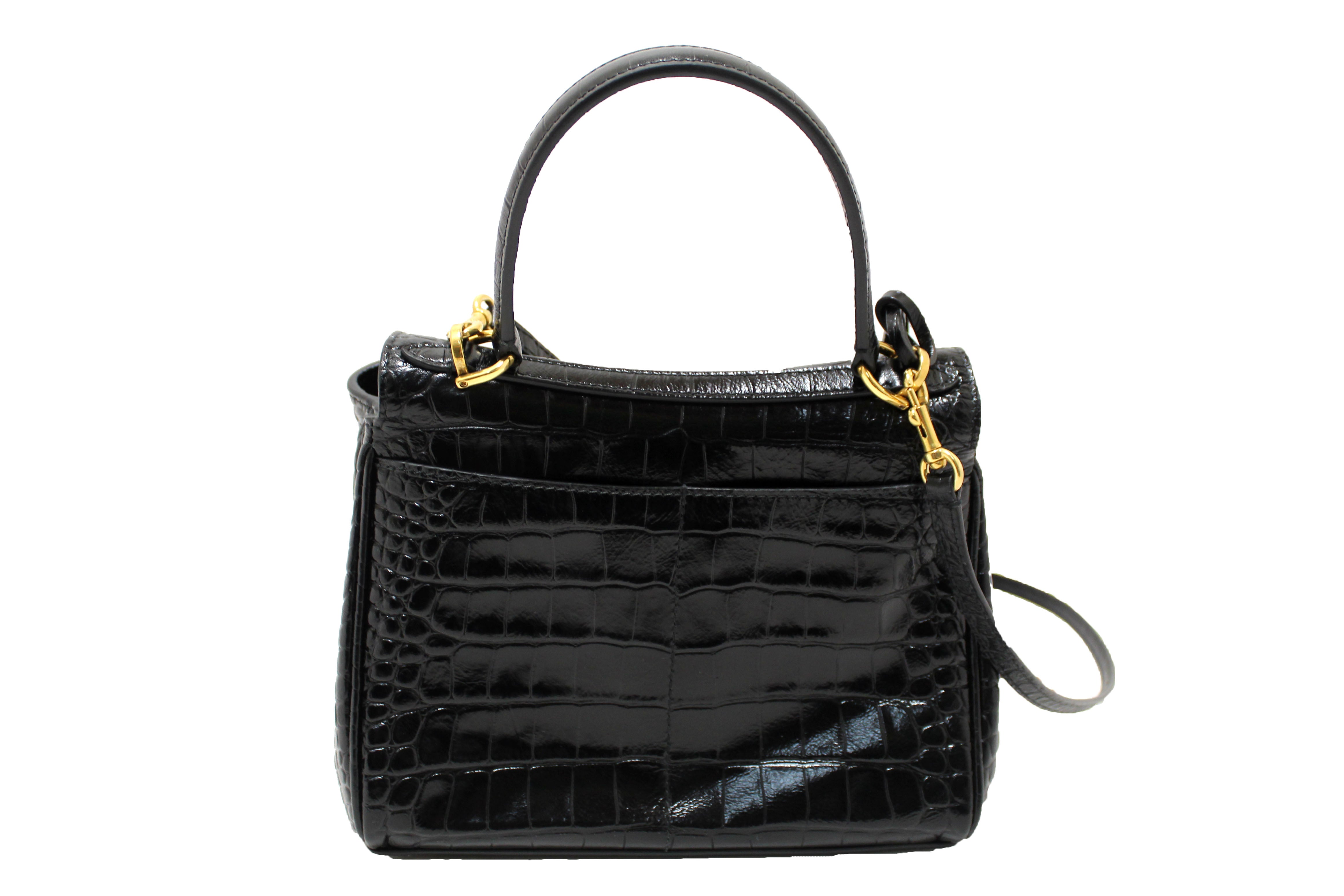 Authentic NEW Balenciaga Black Crocodile Embossed Leather Mini Rodeo Handbag