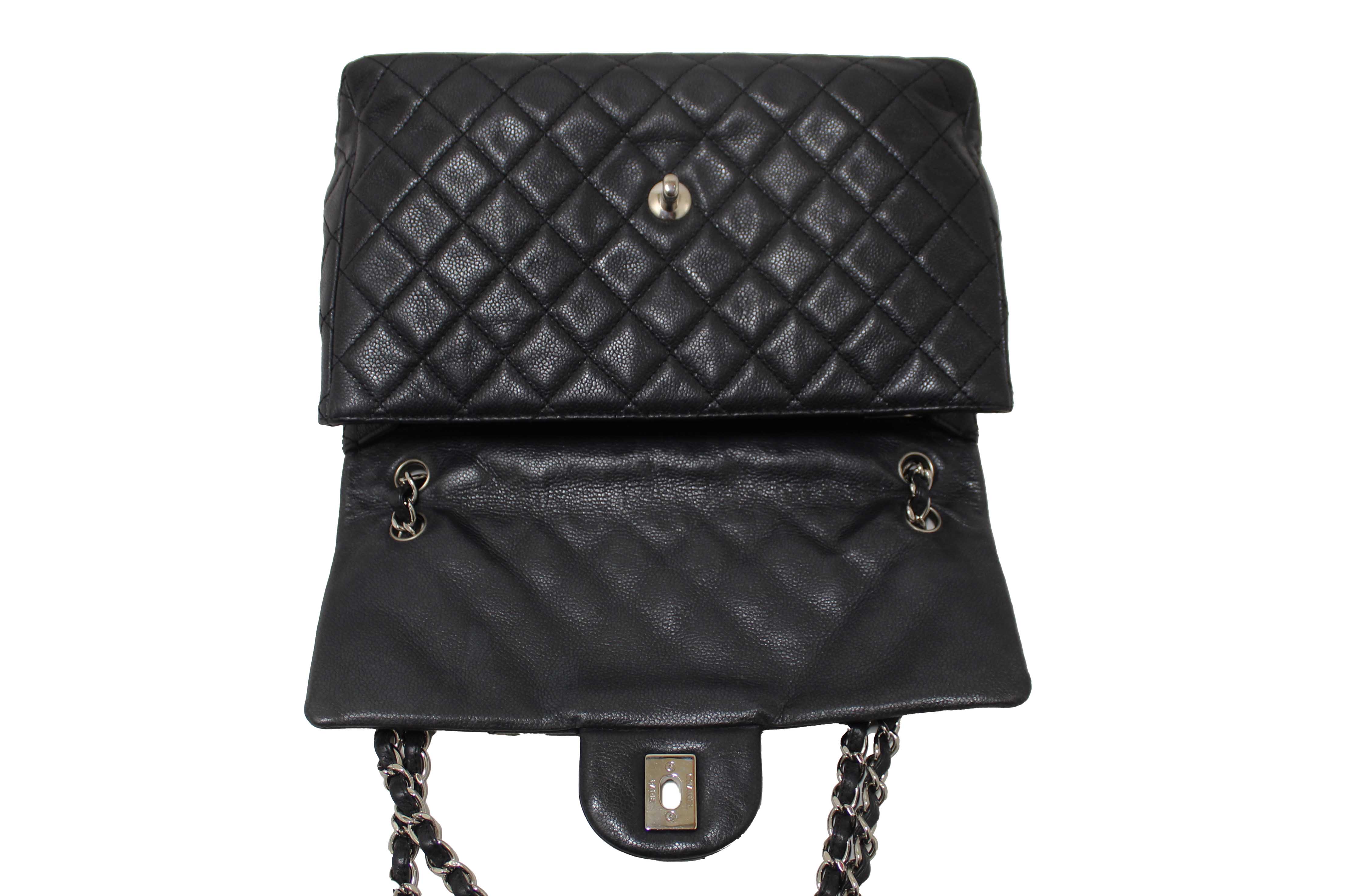 Authentic Chanel Black Quilted Washed Caviar Leather Classic Maxi Single Flap Shoulder Bag