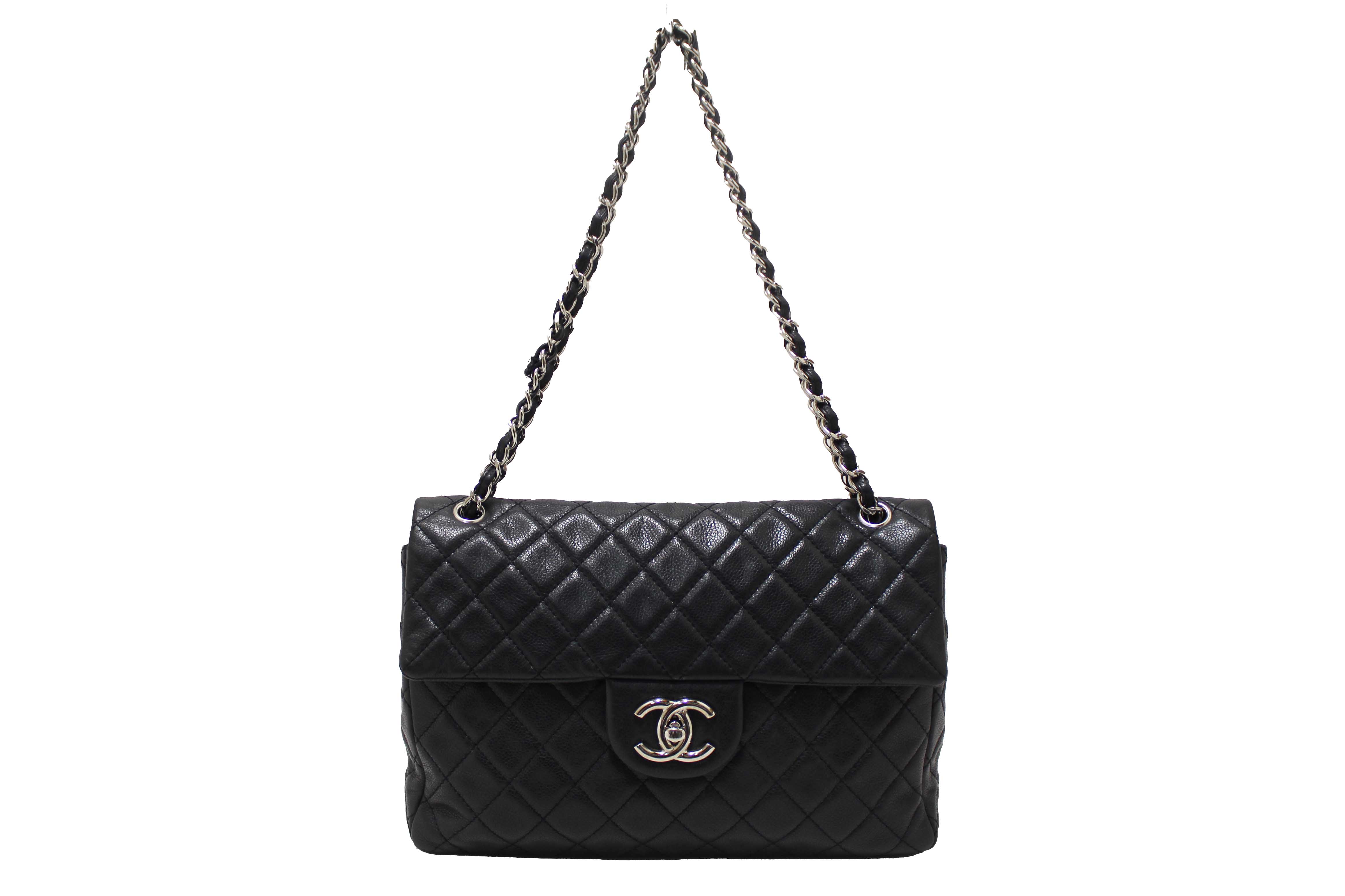 Authentic Chanel Black Quilted Washed Caviar Leather Classic Maxi Single Flap Shoulder Bag