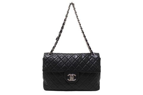 Authentic Chanel Black Quilted Washed Caviar Leather Classic Maxi Single Flap Shoulder Bag