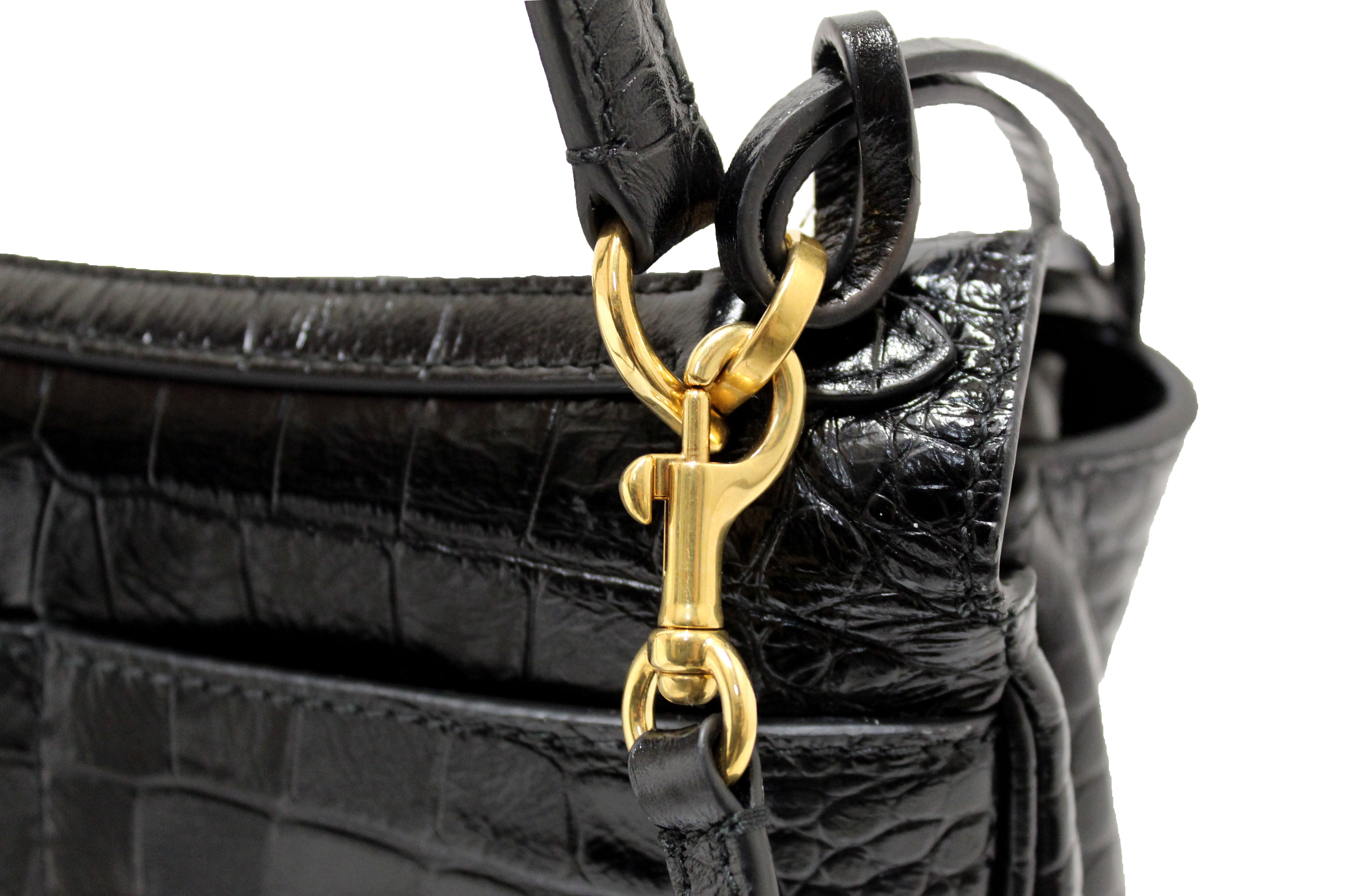 Authentic NEW Balenciaga Black Crocodile Embossed Leather Mini Rodeo Handbag