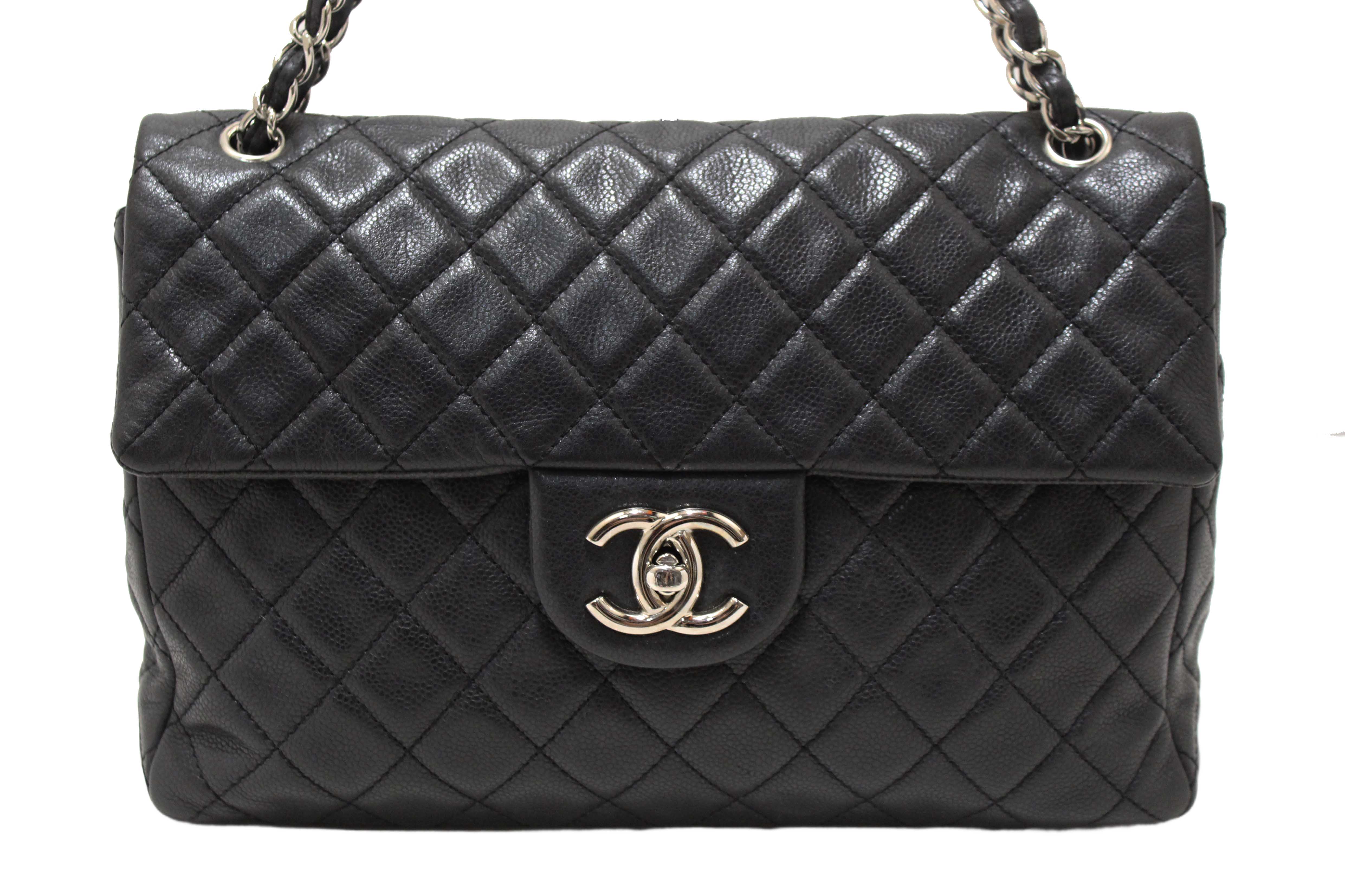 Authentic Chanel Black Quilted Washed Caviar Leather Classic Maxi Single Flap Shoulder Bag